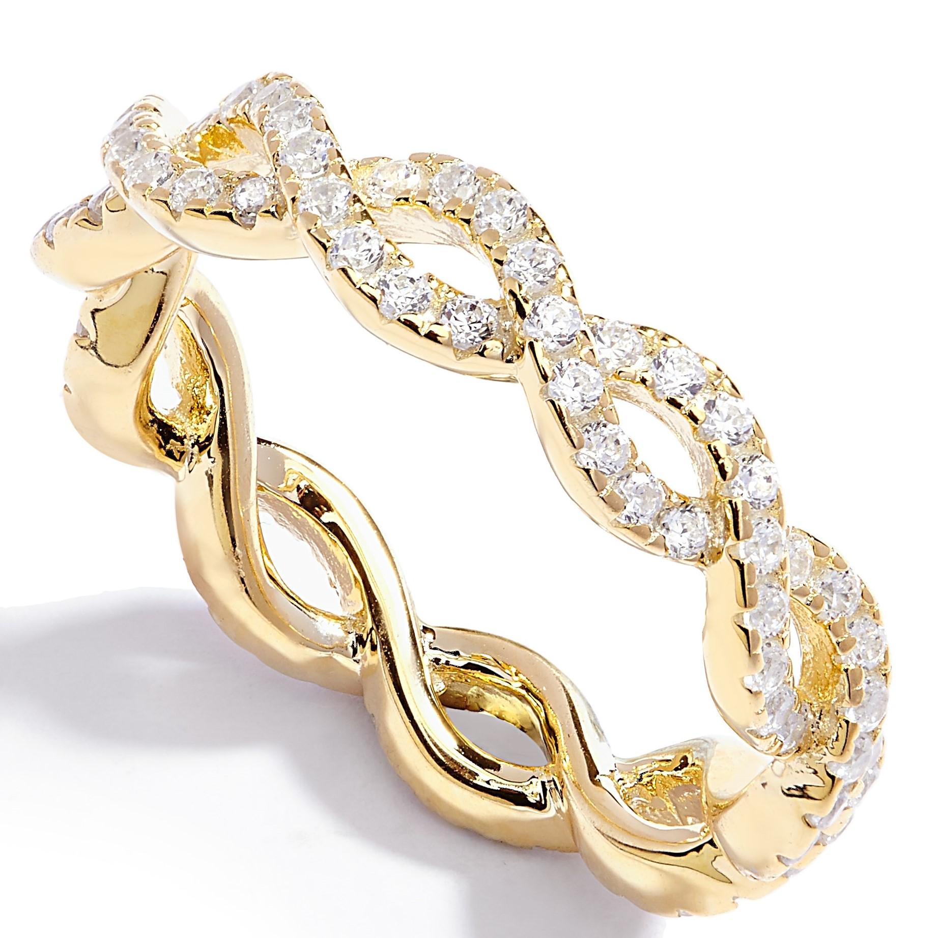 A classic look with a contemporary twist, this alluring full eternity twist ring effortlessly captures the most elegant of designs. 

Featuring 1.71ct of round brilliant cuts encapsulated in 925 sterling silver with a 14kt yellow finish.

Whether