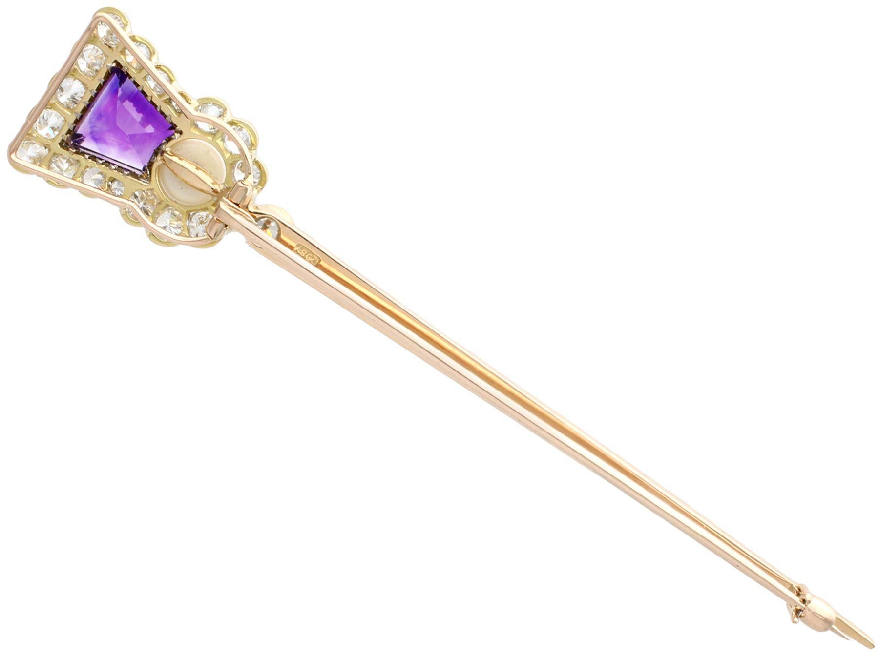 Round Cut 1.71 Carat Amethyst 1.90 Carat Diamond and Pearl Yellow Gold Thistle Pin Brooch