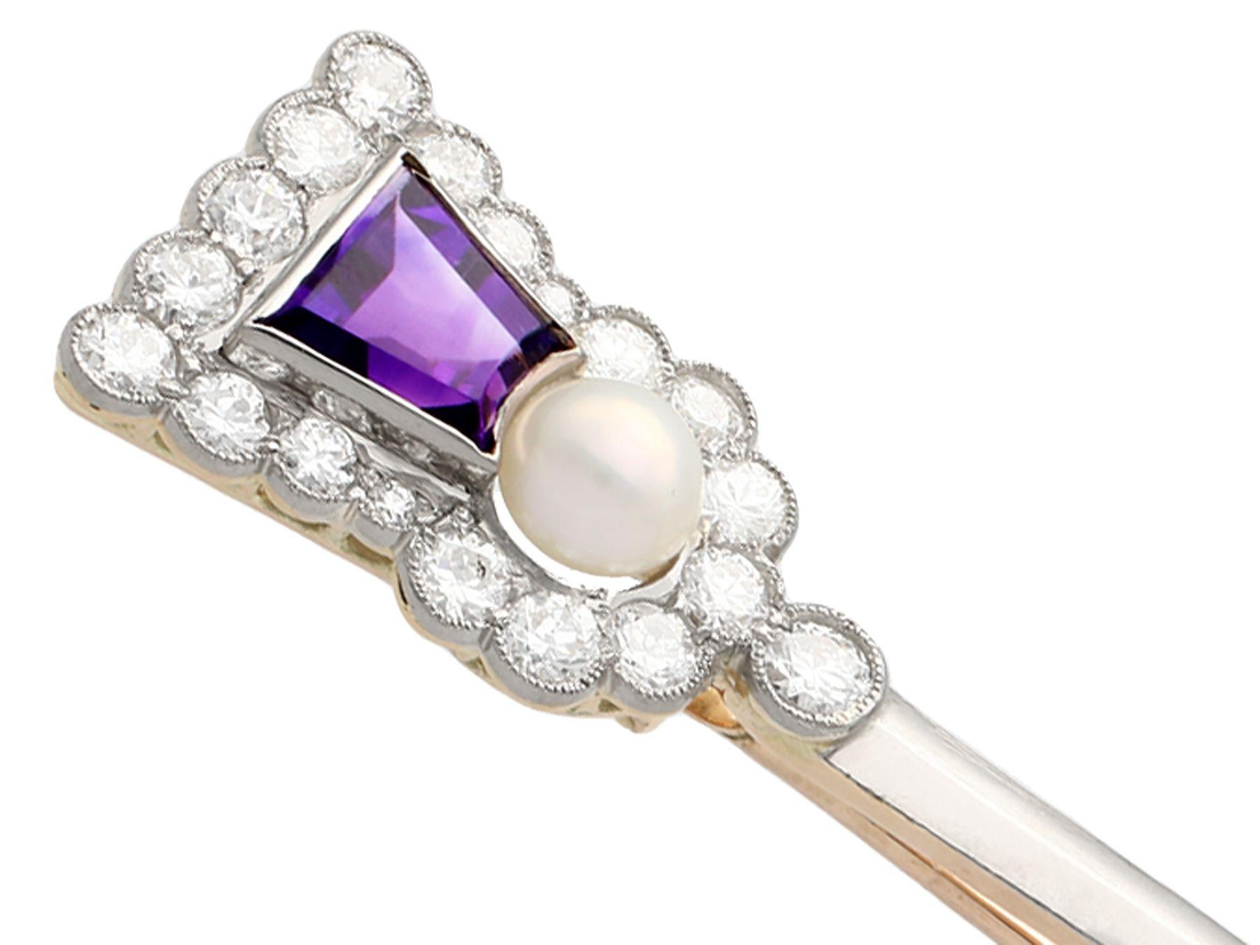 Women's or Men's 1.71 Carat Amethyst 1.90 Carat Diamond and Pearl Yellow Gold Thistle Pin Brooch