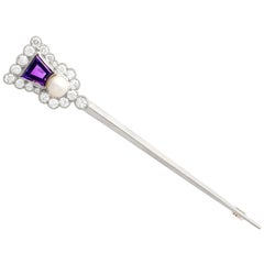 Antique 1.71 Carat Amethyst 1.90 Carat Diamond and Pearl Yellow Gold Thistle Pin Brooch