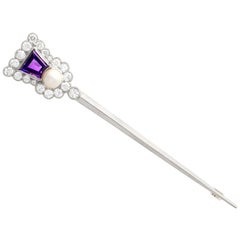 1.71 Carat Amethyst 1.90 Carat Diamond and Pearl Yellow Gold Thistle Pin Brooch