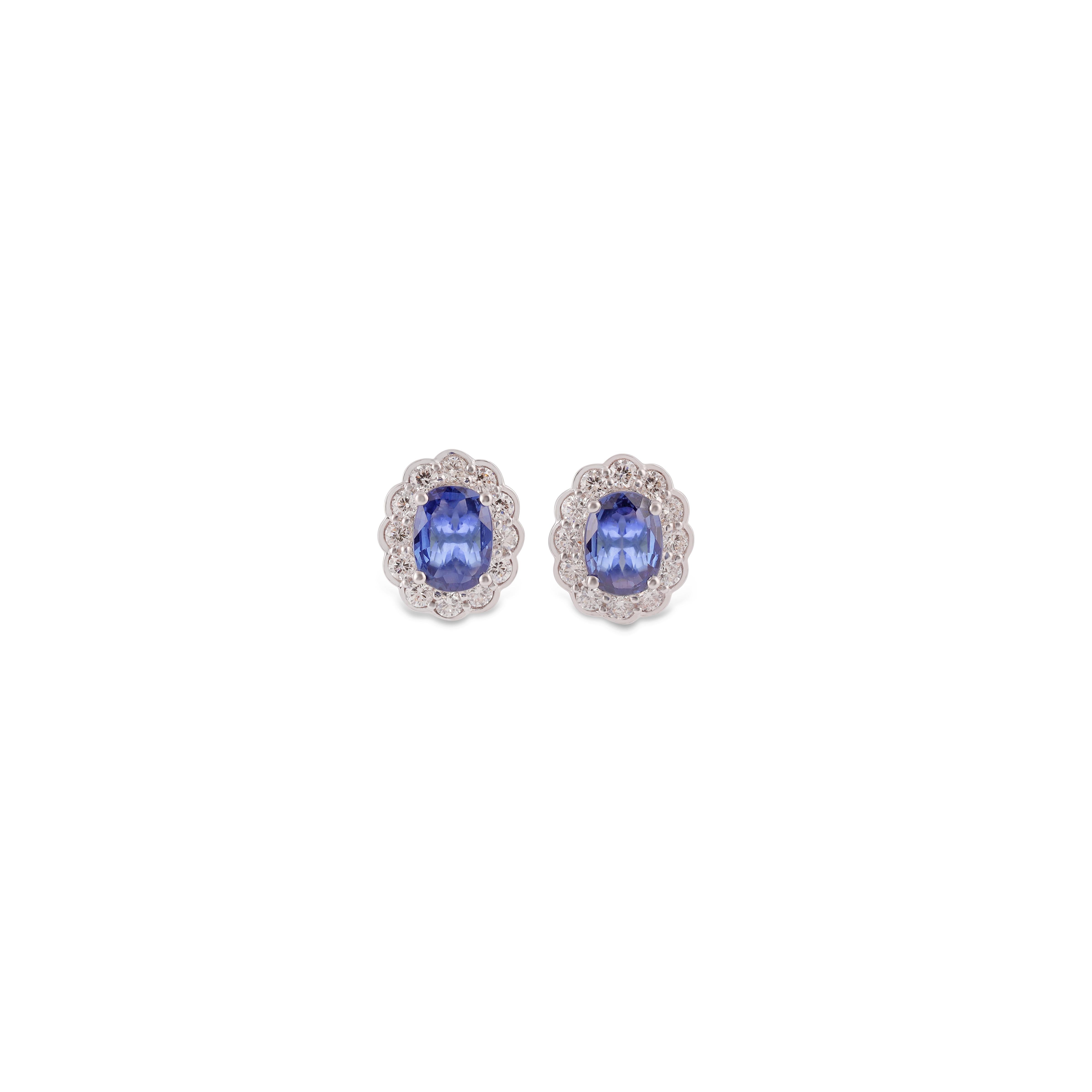 Oval Cut 1.71  Carat Blue Sapphire & Diamond Earrings Studs in 18k White Gold . For Sale
