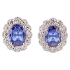 1.71  Carat Blue Sapphire & Diamond Earrings Studs in 18k White Gold .