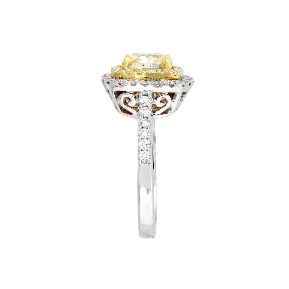 Material: 18k White Gold/18k Yellow Gold
Center Diamond Details: 1.71ct cushion cut diamond. Diamond is Fancy Intense Yellow in color and SI1 in clarity. GIA #2151124785
Accent Diamond Details: Approx. 0.60ctw of round brilliant diamonds. Diamonds