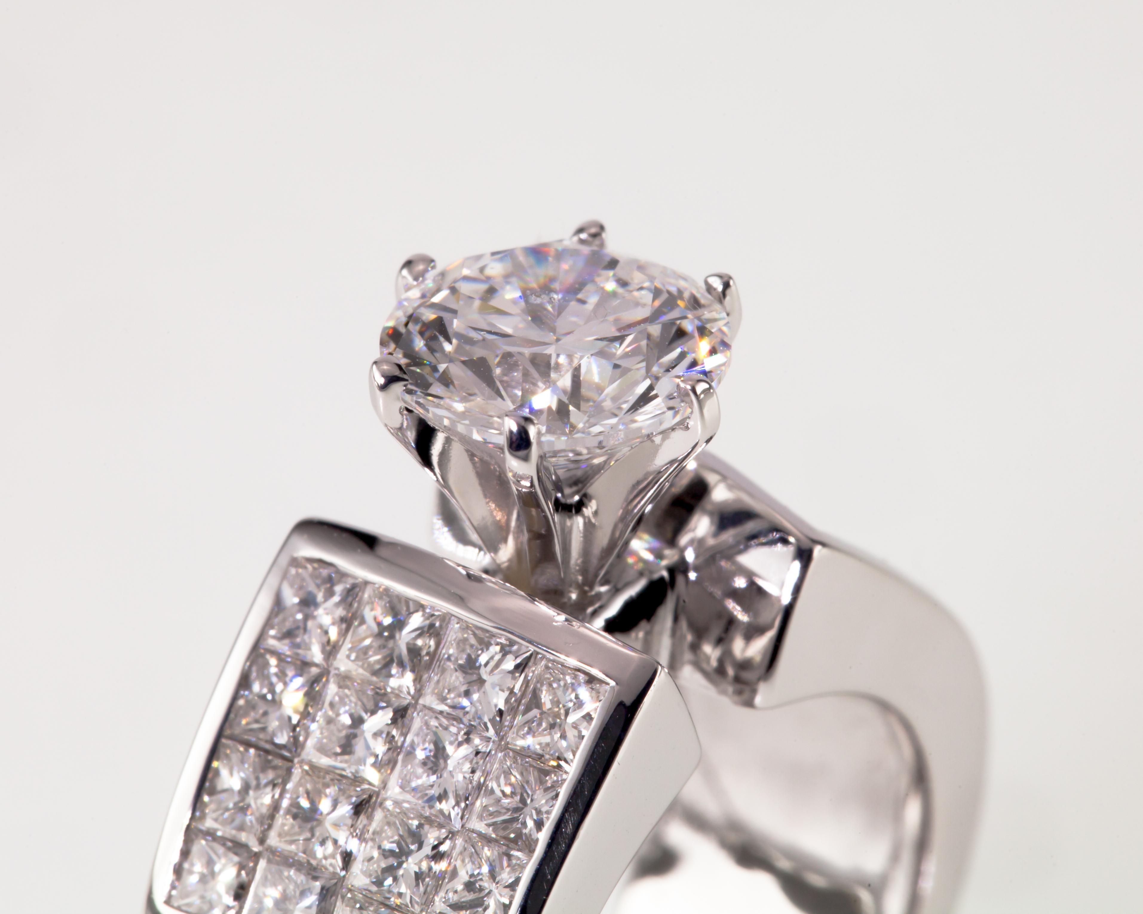 1.71 Carat D Color Round Diamond Solitaire Ring Princess Accents In Excellent Condition For Sale In Sherman Oaks, CA