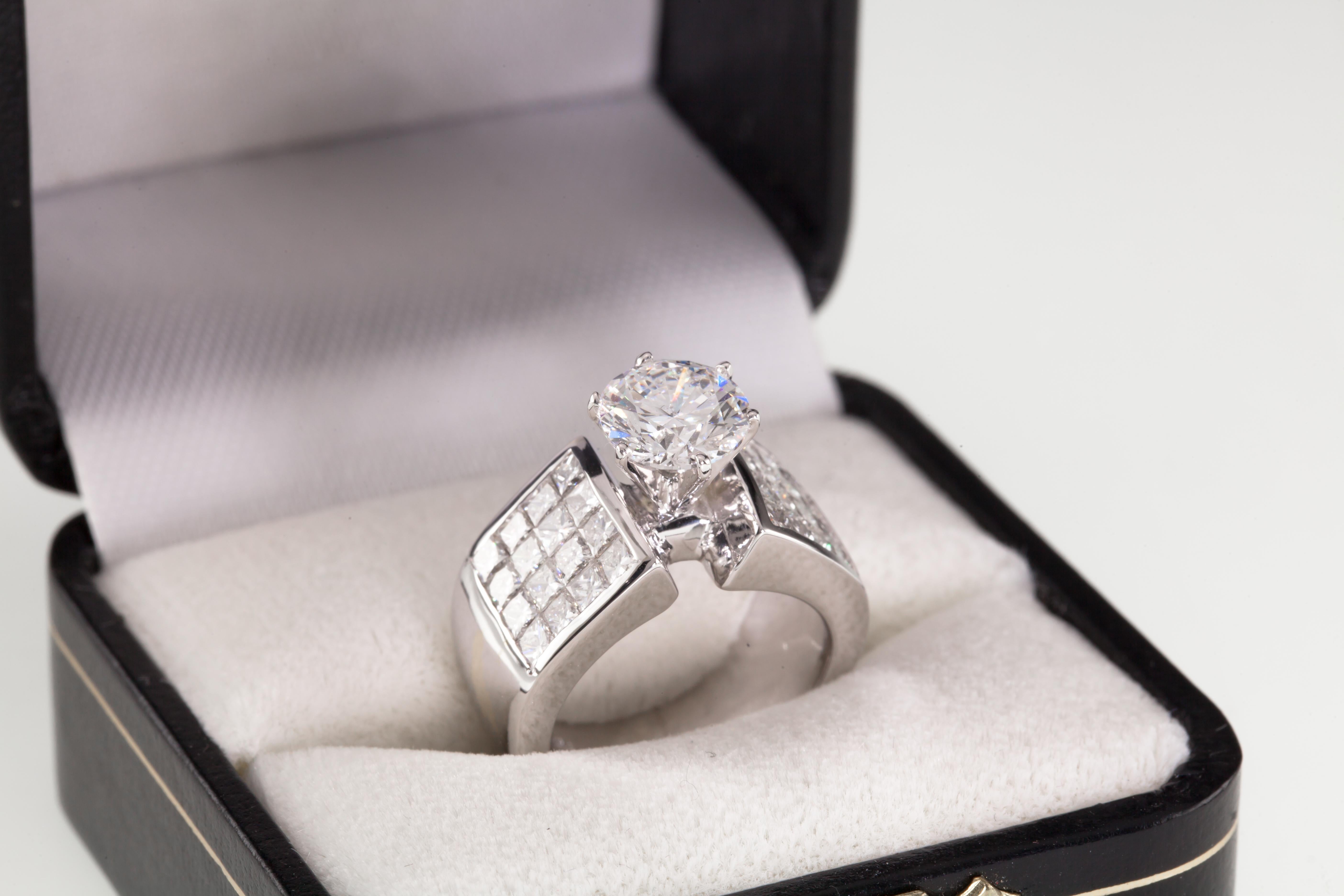 1.71 Carat D Color Round Diamond Solitaire Ring Princess Accents For Sale 2