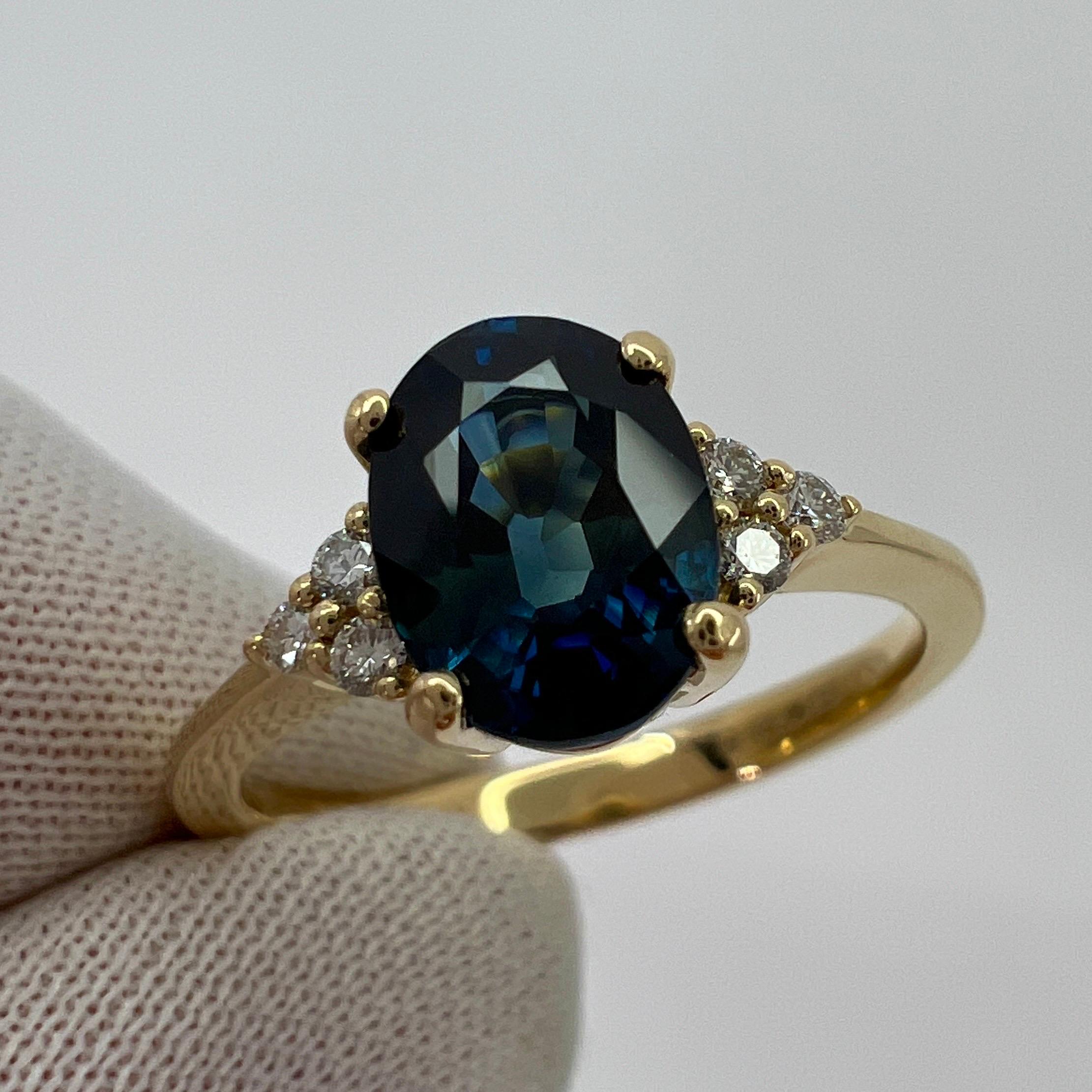 1.71 Carat Deep Teal Blue Oval Cut Sapphire & Diamond 18k Yellow Gold Ring 1