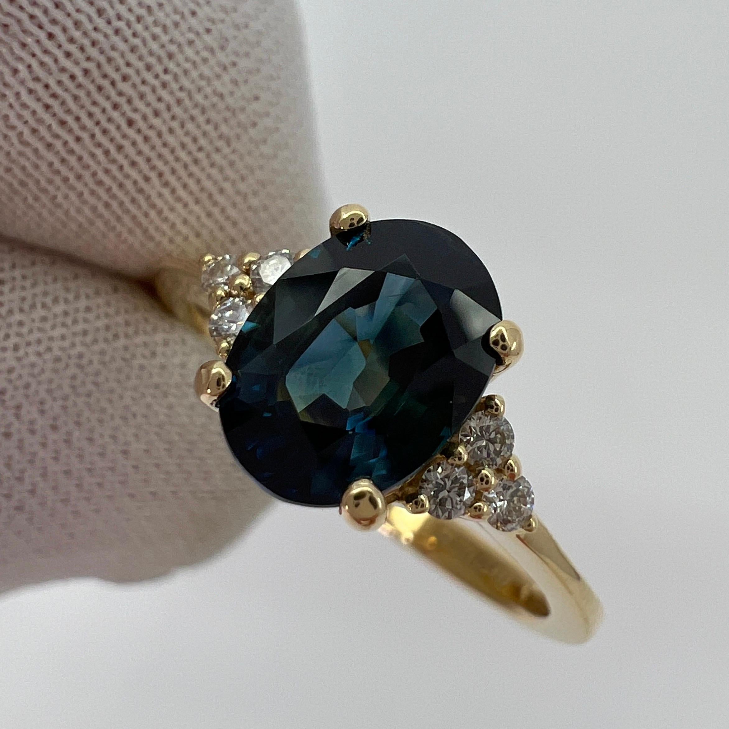 1.71 Carat Deep Teal Blue Oval Cut Sapphire & Diamond 18k Yellow Gold Ring 4