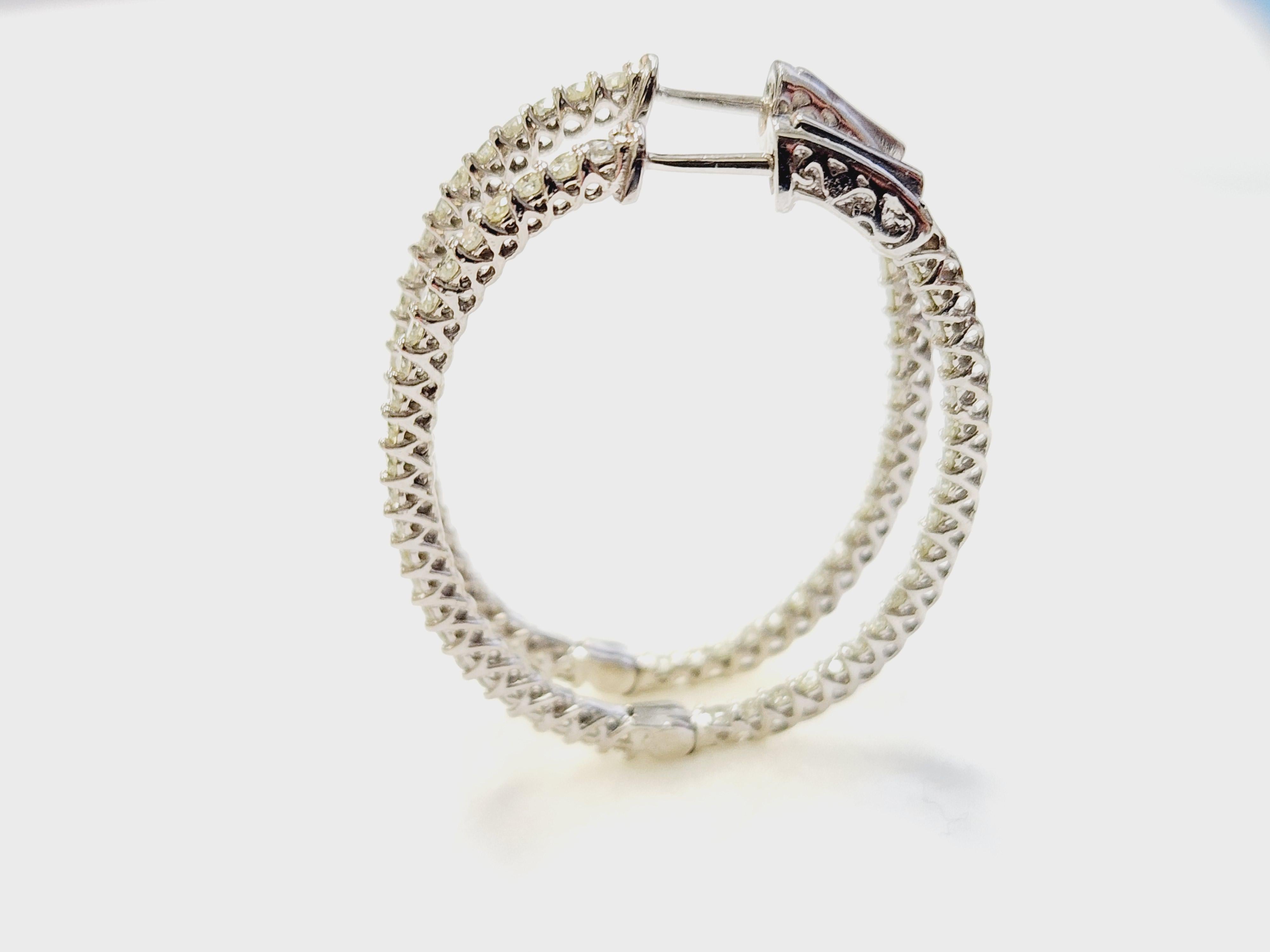 Round Cut 1.70 Carat Diamond Hoops Earrings 14 Karat White Gold For Sale