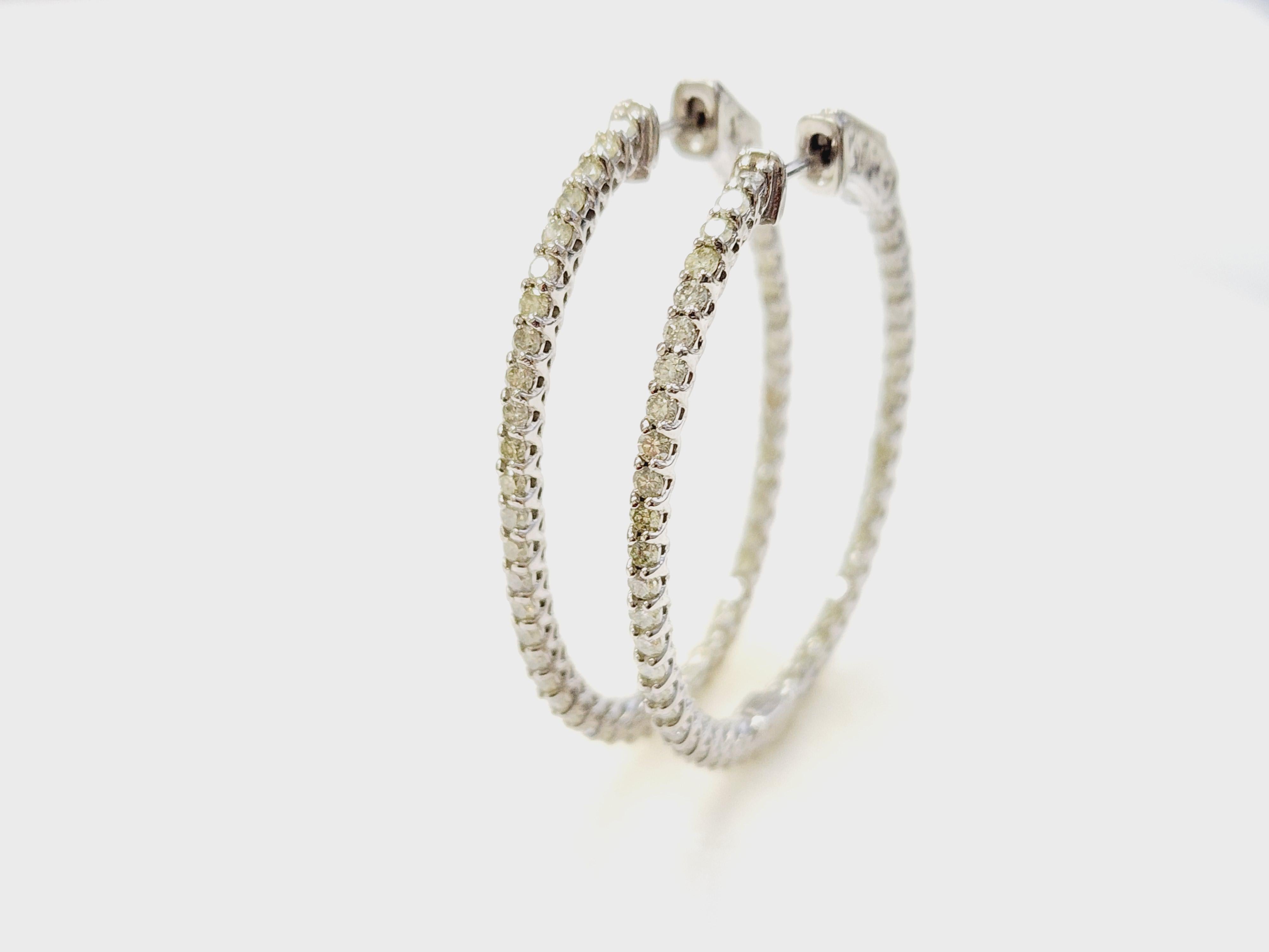 1.70 Carat Diamond Hoops Earrings 14 Karat White Gold For Sale 1