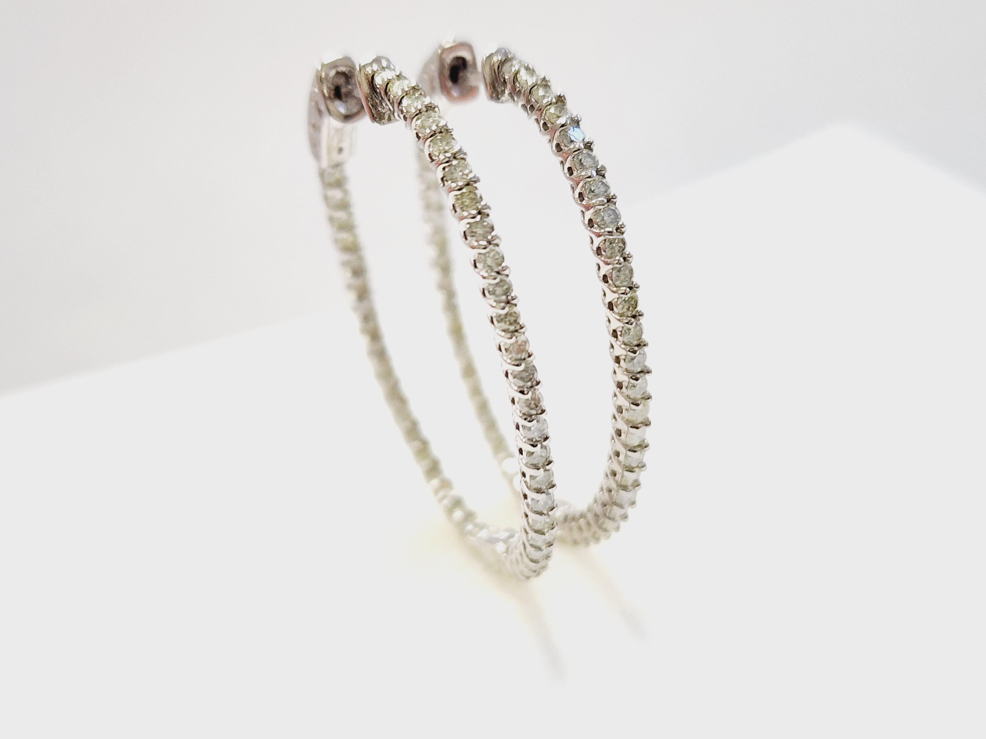 1.70 Carat Diamond Hoops Earrings 14 Karat White Gold For Sale 4