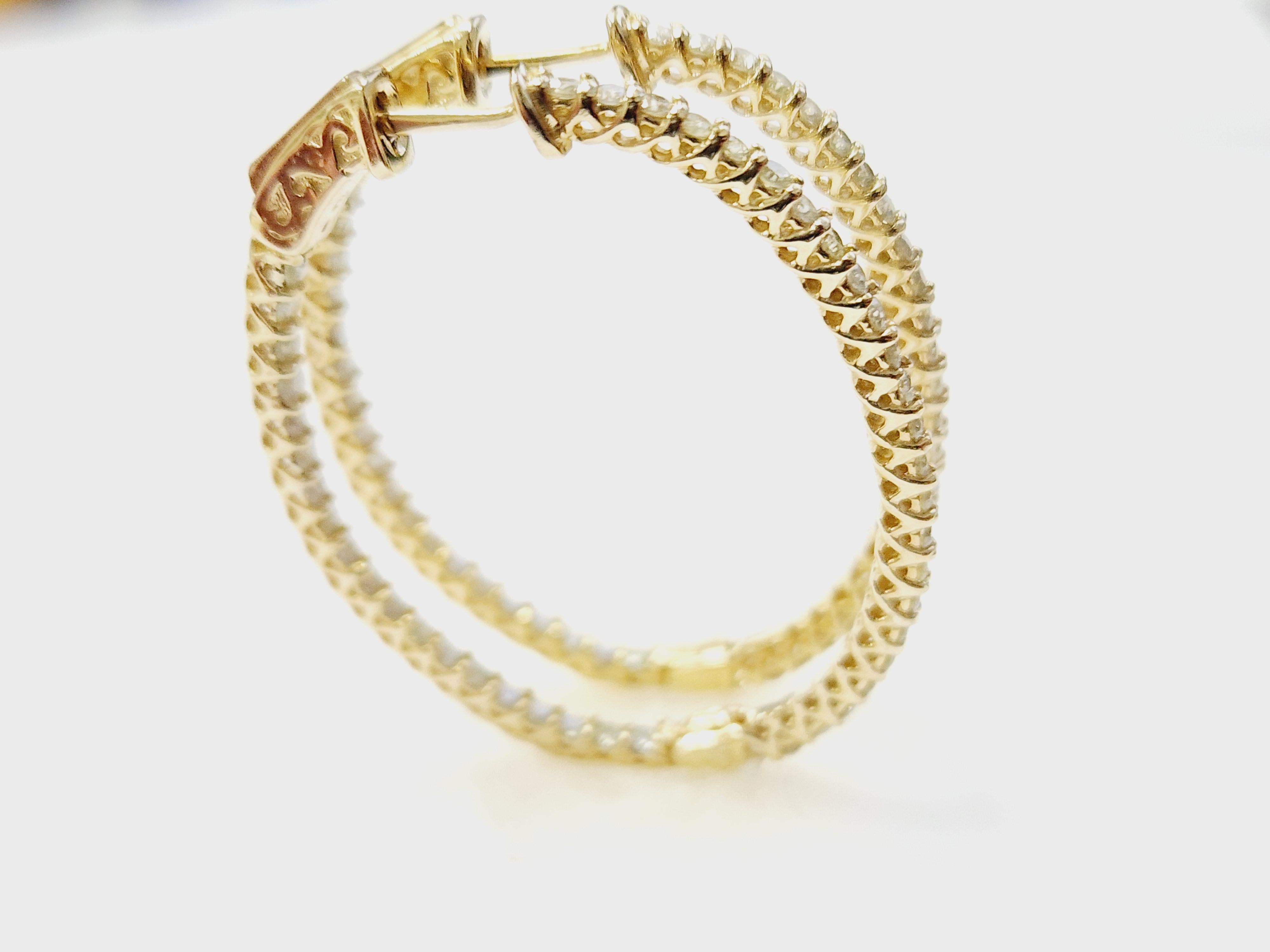 1.71 Carat Diamond Hoops Earrings 14 Karat Yellow Gold For Sale 6
