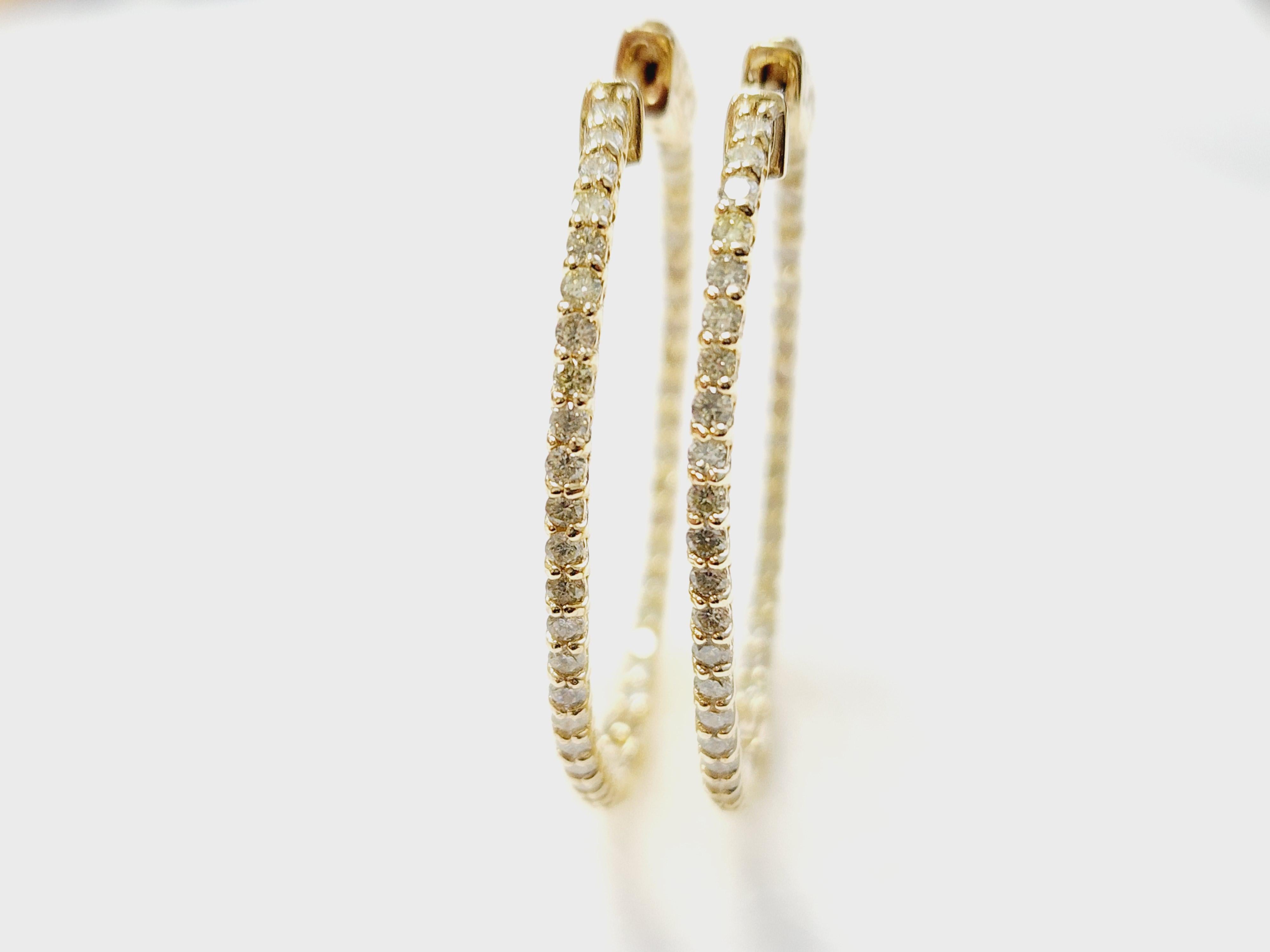 1.71 Carat Diamond Hoops Earrings 14 Karat Yellow Gold For Sale 7