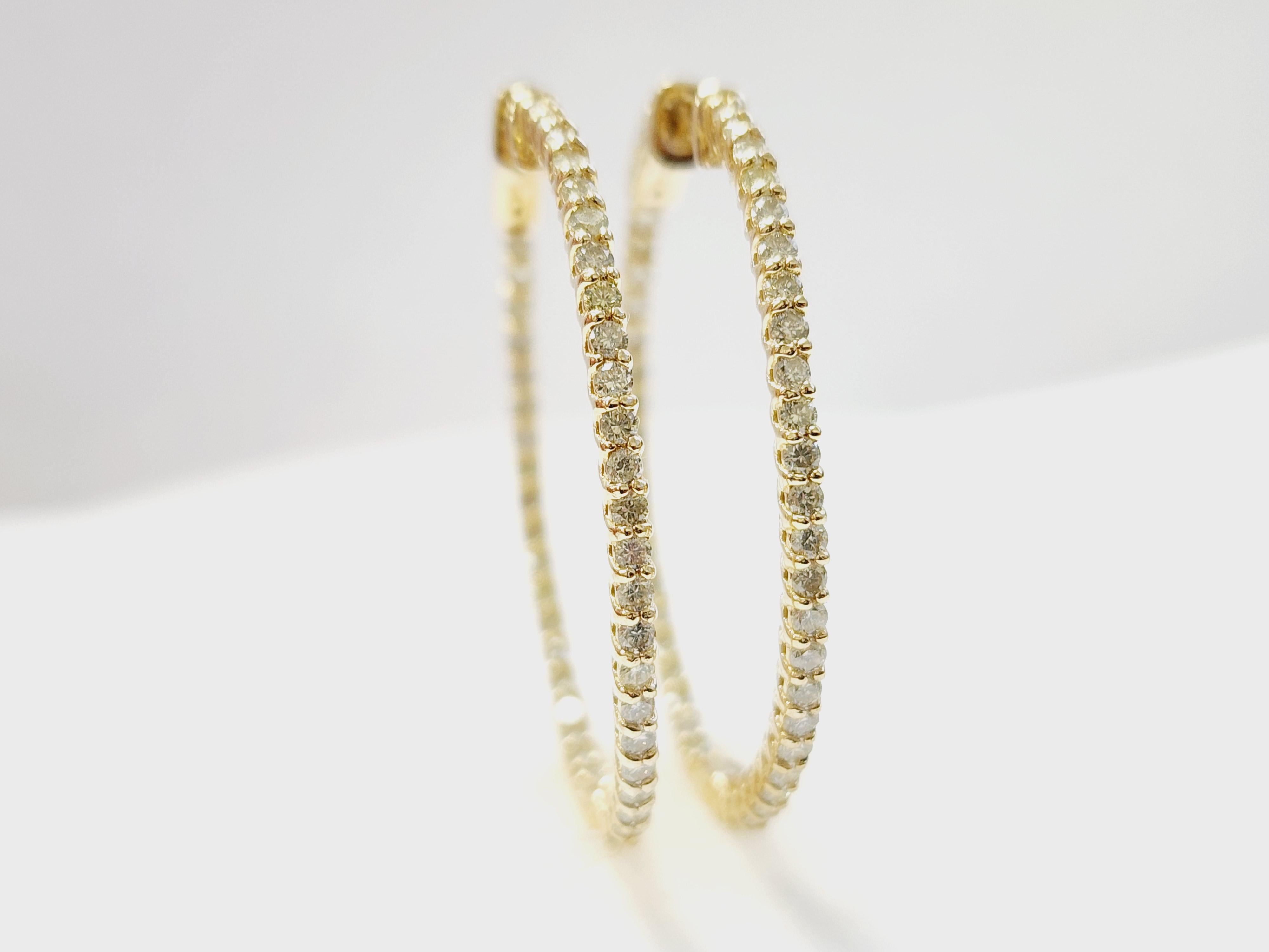 1.71 Carat Diamond Hoops Earrings 14 Karat Yellow Gold For Sale 12