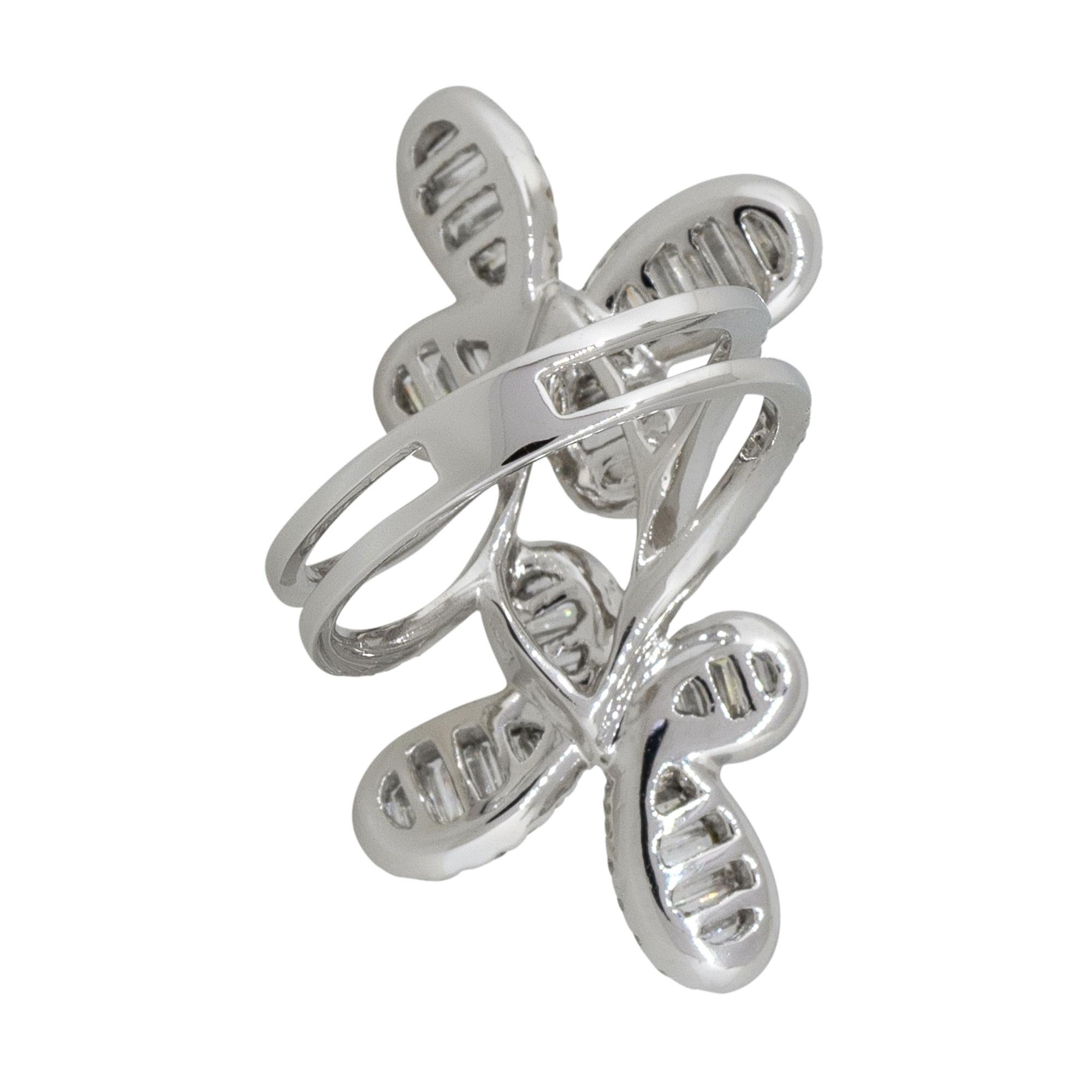 Baguette Cut 1.71 Carat Diamond Overpass Butterfly Long Ring 18 Karat in Stock For Sale