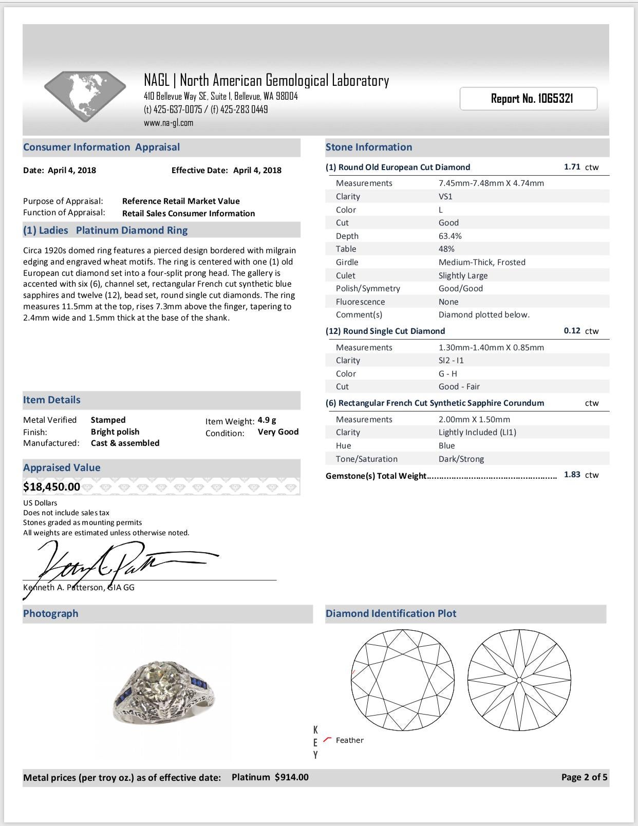 1.71 Carat Diamond Platinum Art Deco Style Cocktail Ring Fine Estate Jewelry 5