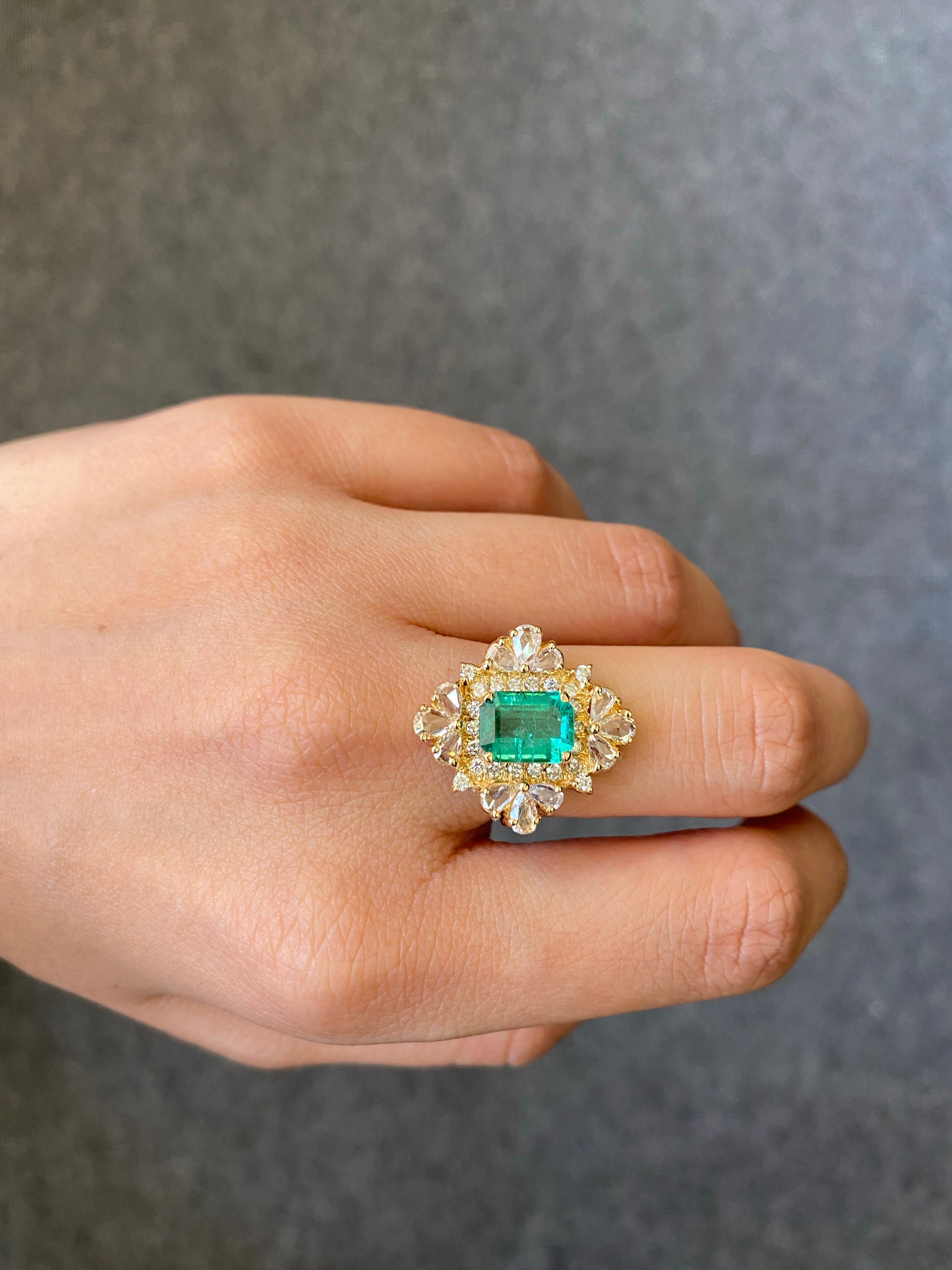 Women's 1.71 Carat Emerald and Diamond 18K Yellow Gold Engagement Ring