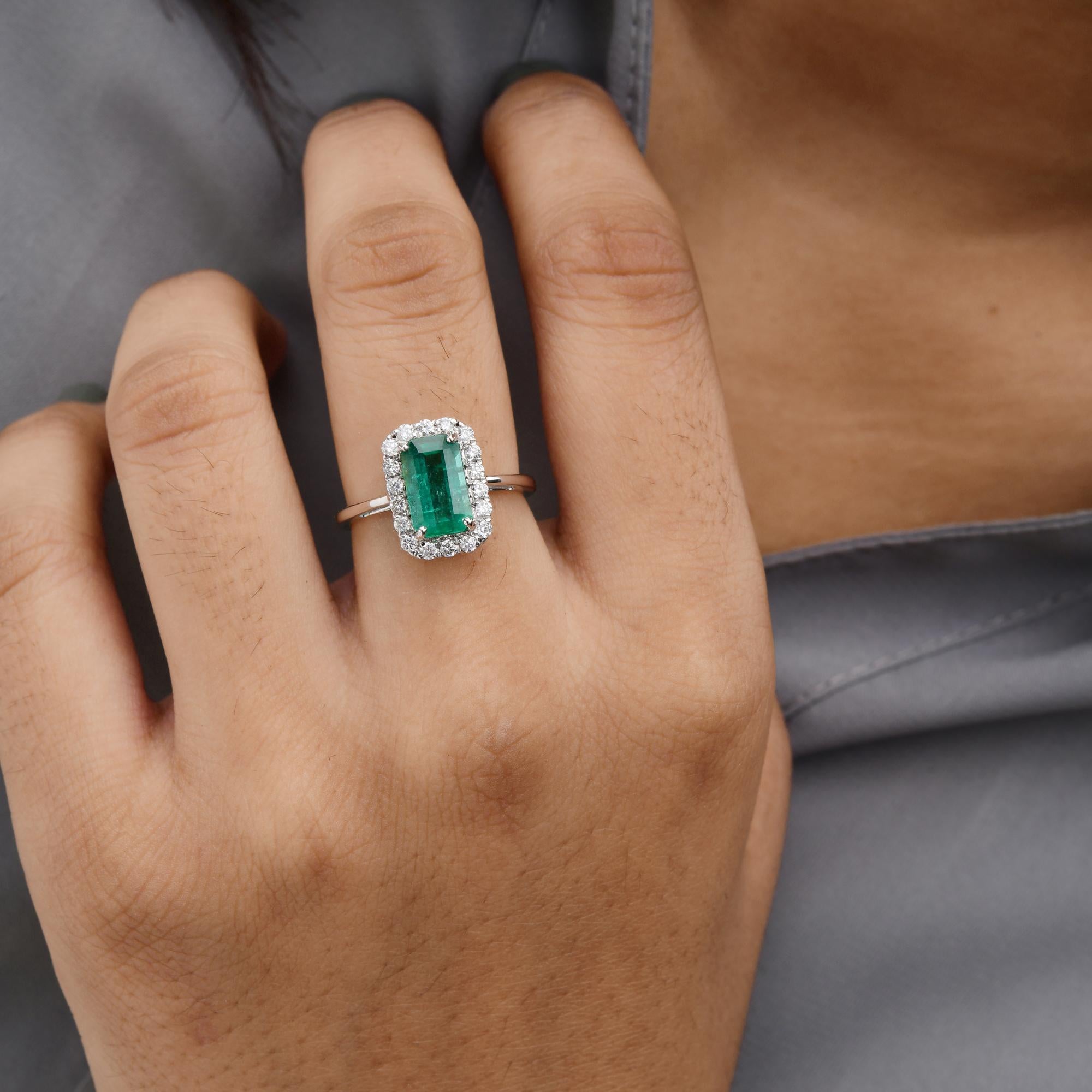 Women's 1.71 Carat Emerald Cut Zambian Emerald Ring 0.35 Ct. SI/H Diamond 14k White Gold For Sale