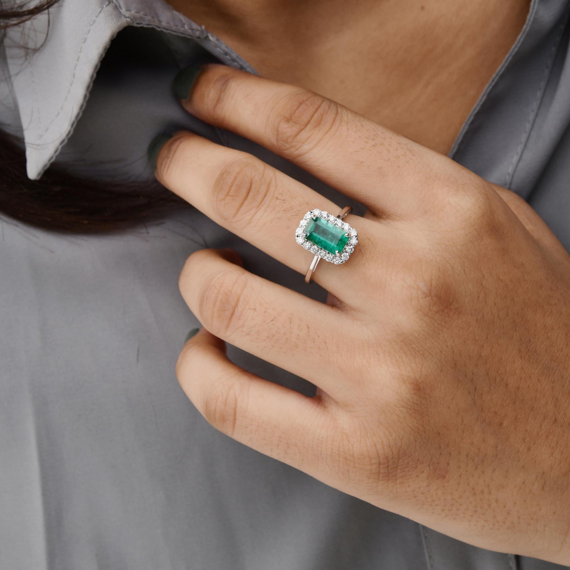 1.71 Carat Emerald Cut Zambian Emerald Ring 0.35 Ct. SI/H Diamond 14k White Gold For Sale 1