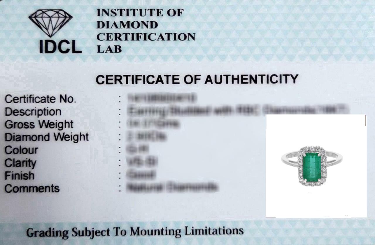 1.71 Carat Emerald Cut Zambian Emerald Ring 0.35 Ct. SI/H Diamond 14k White Gold For Sale 3