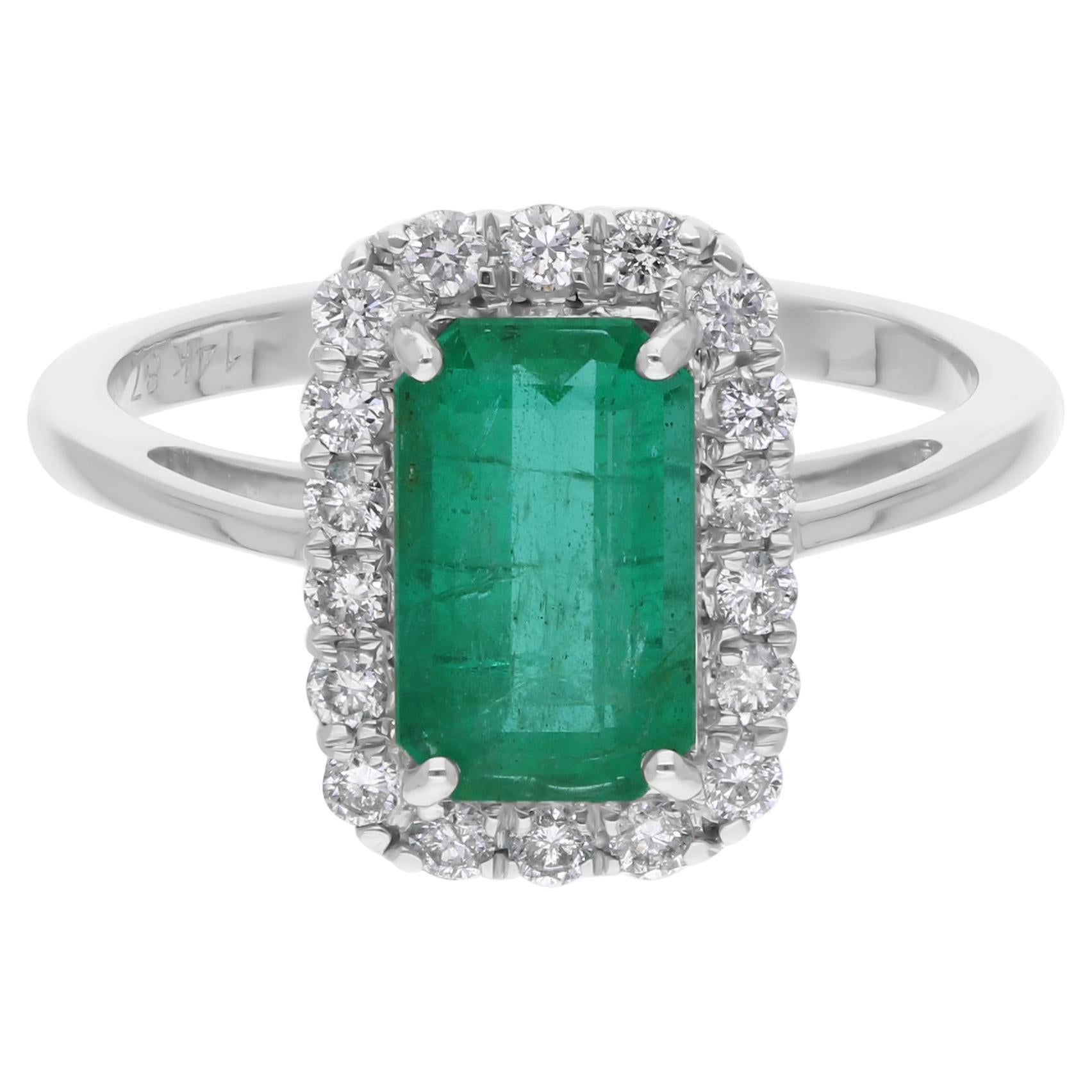 1.71 Carat Emerald Cut Zambian Emerald Ring 0.35 Ct. Diamant SI/H Or blanc 14k