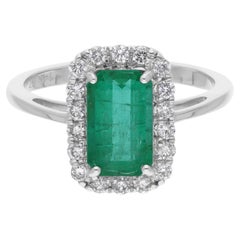 1.71 Carat Emerald Cut Zambian Emerald Ring 0.35 Ct. Diamant SI/H Or blanc 14k