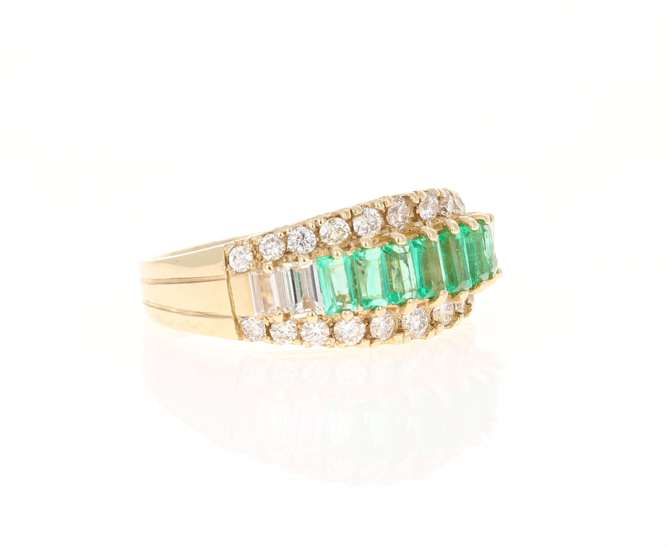 This ring has 7 Natural Baguette Cut Emeralds that weigh 0.77 carats as well as 4 Baguette Cut Natural Diamonds that weigh 0.36 carats. (Clarity: VS, Color: H). It is further surrounded by 22 Round Cut Diamonds that weigh 0.58 carats. (Clarity: VS,