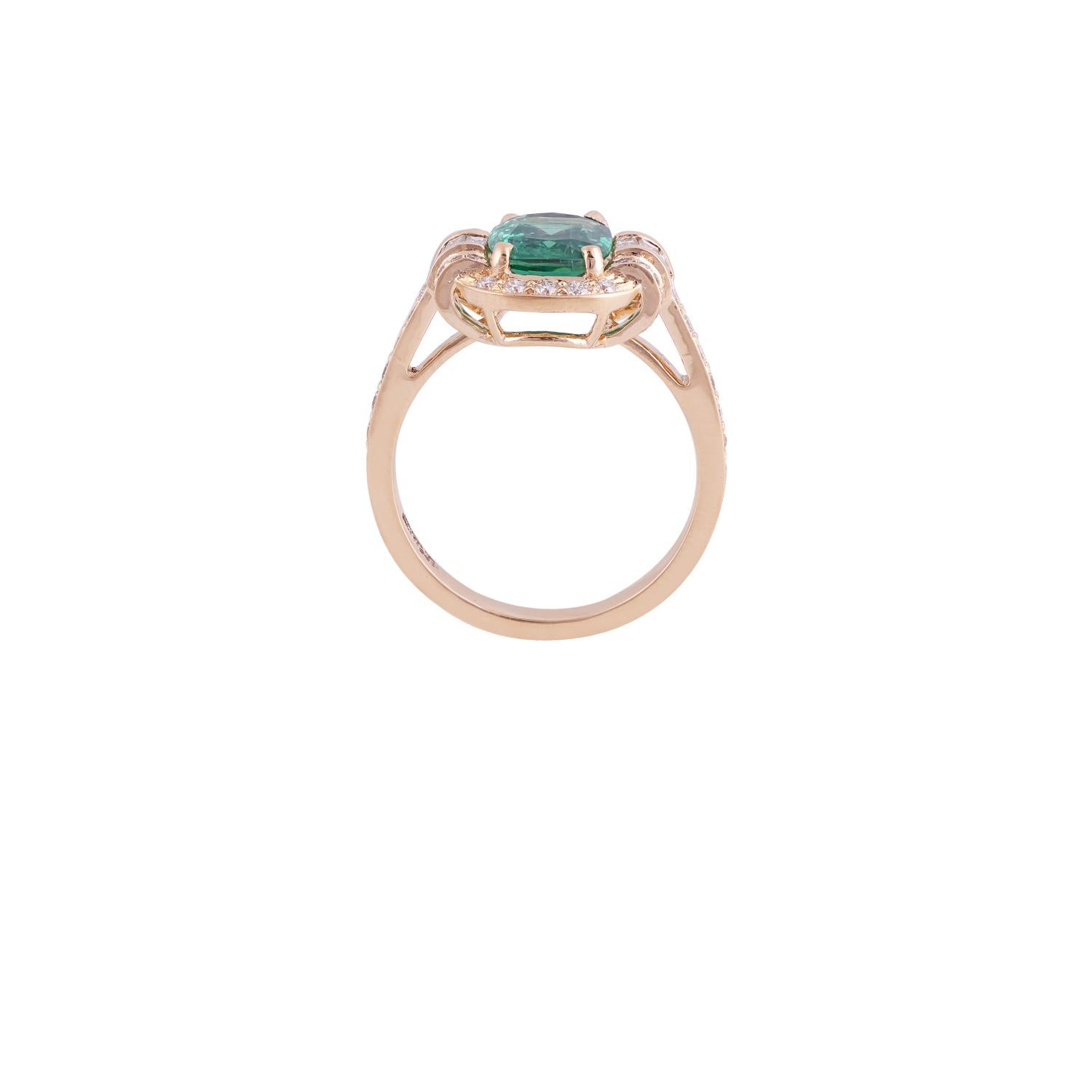 Its an elegant ring studded in 18k yellow gold with 1 cushion shaped emerald weight 1.71 carat setted in the center with 6 baguette shaped diamonds weight 0.20 carat & 46 round shaped diamonds weight 0.31 carat, this entire ring studded in 18k