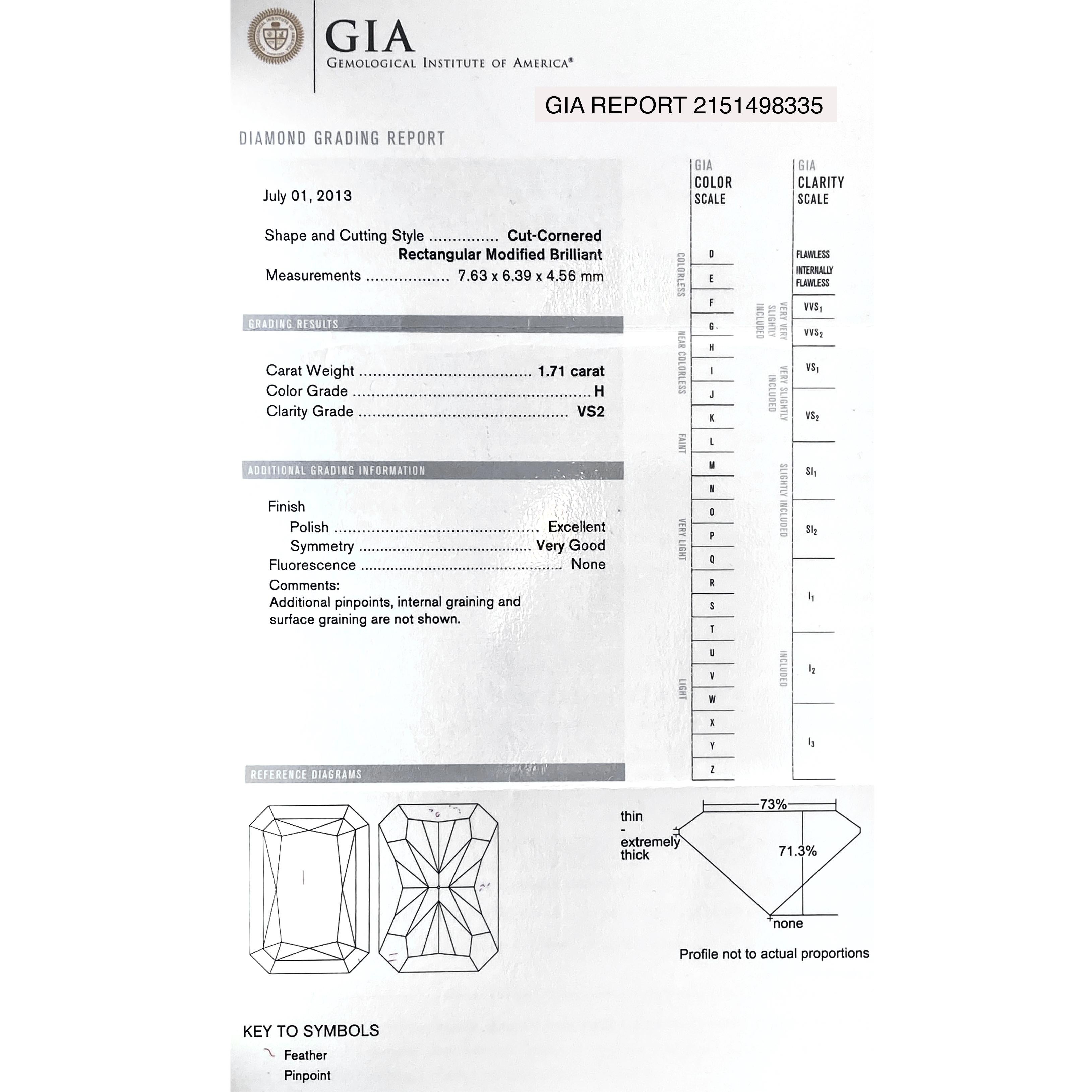 1.71 Carat GIA-Certified H-VS2 Radiant-Cut Diamond in Platinum Engagement Ring For Sale 3