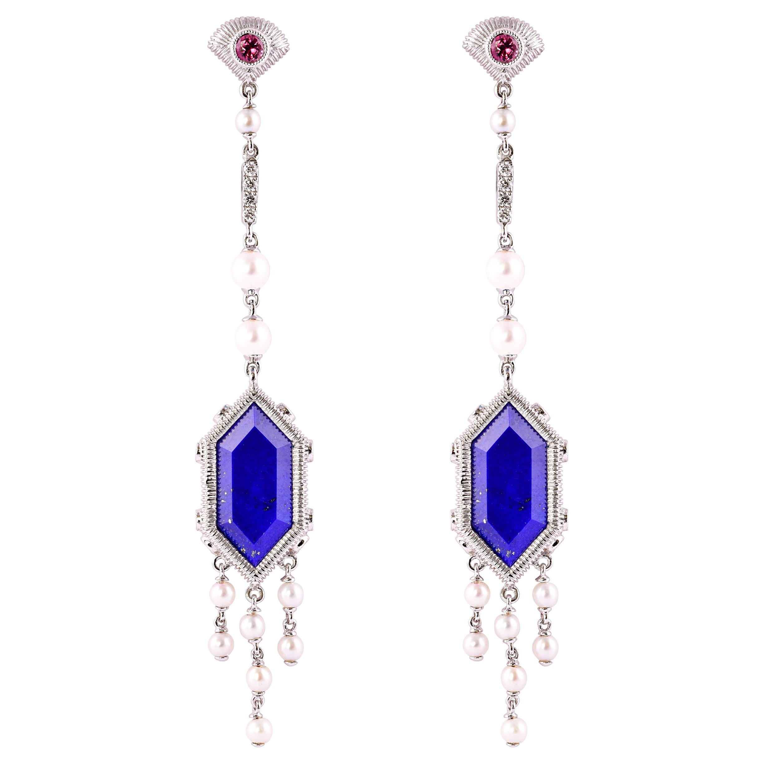 17.1 Carat Lapis Lazuli Earring in 18 Karat White Gold with Diamonds and Pearls For Sale