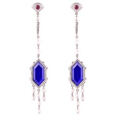 Sunita Nahata Lapis Lazuli 17.19ct. Drop Earrings in 18KWG with Pearl & Diamond.