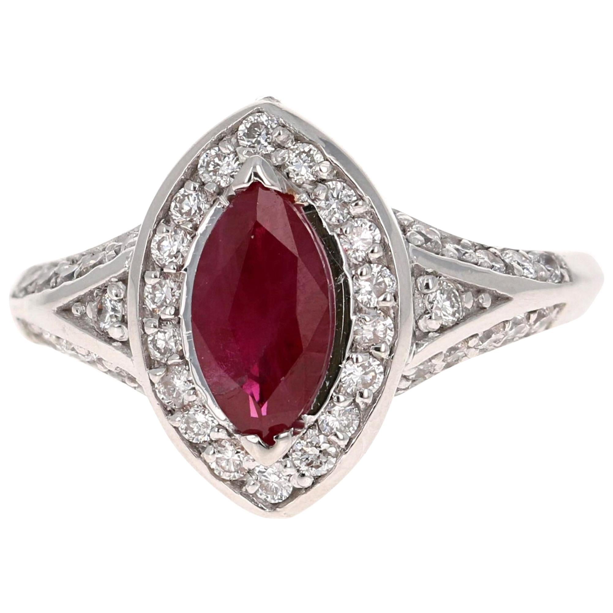 1.71 Carat Marquise Cut Ruby Diamond 18 Karat White Gold Bridal Ring