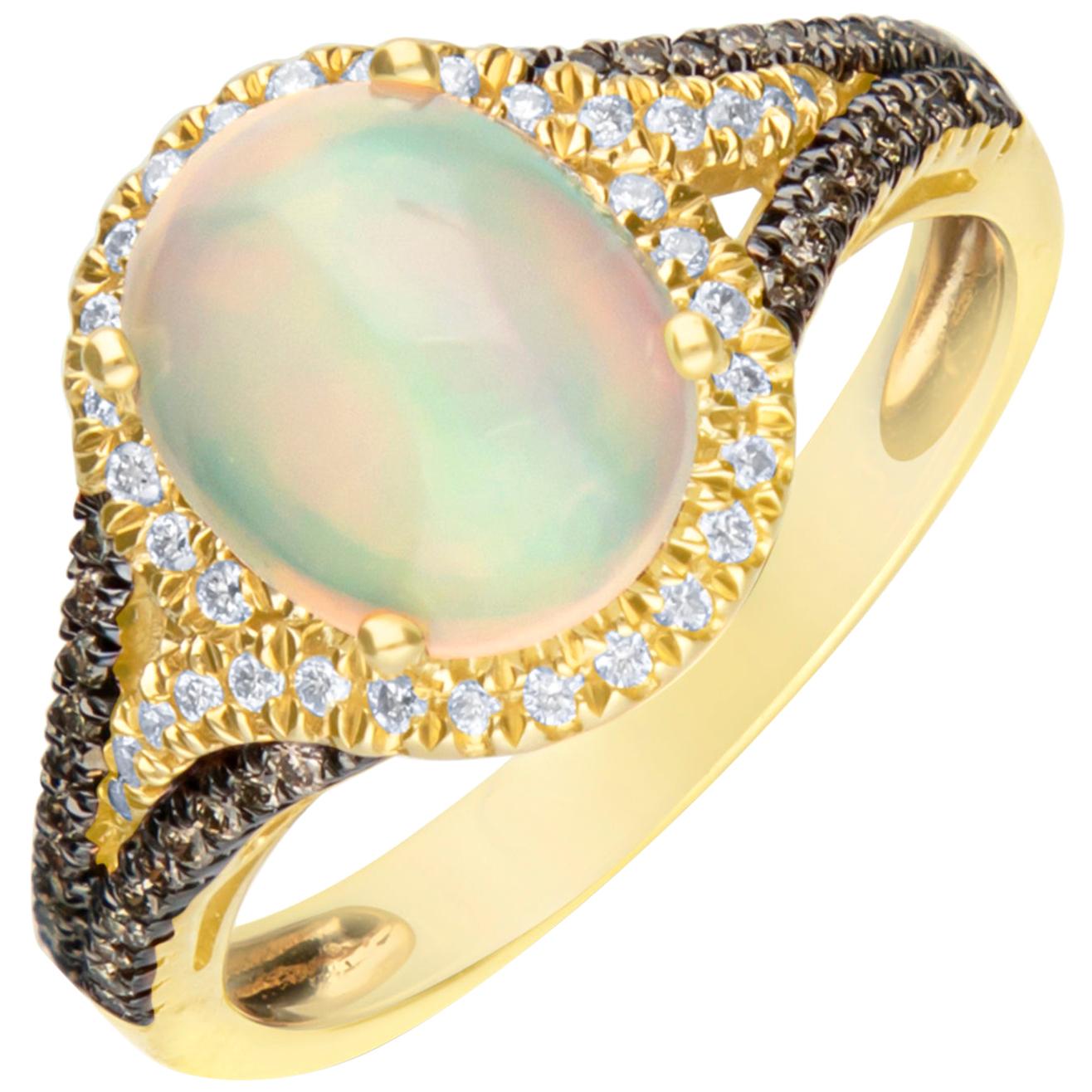 1.71 Carat Natural Opal and Diamond 14 Karat Yellow Gold Ring For Sale