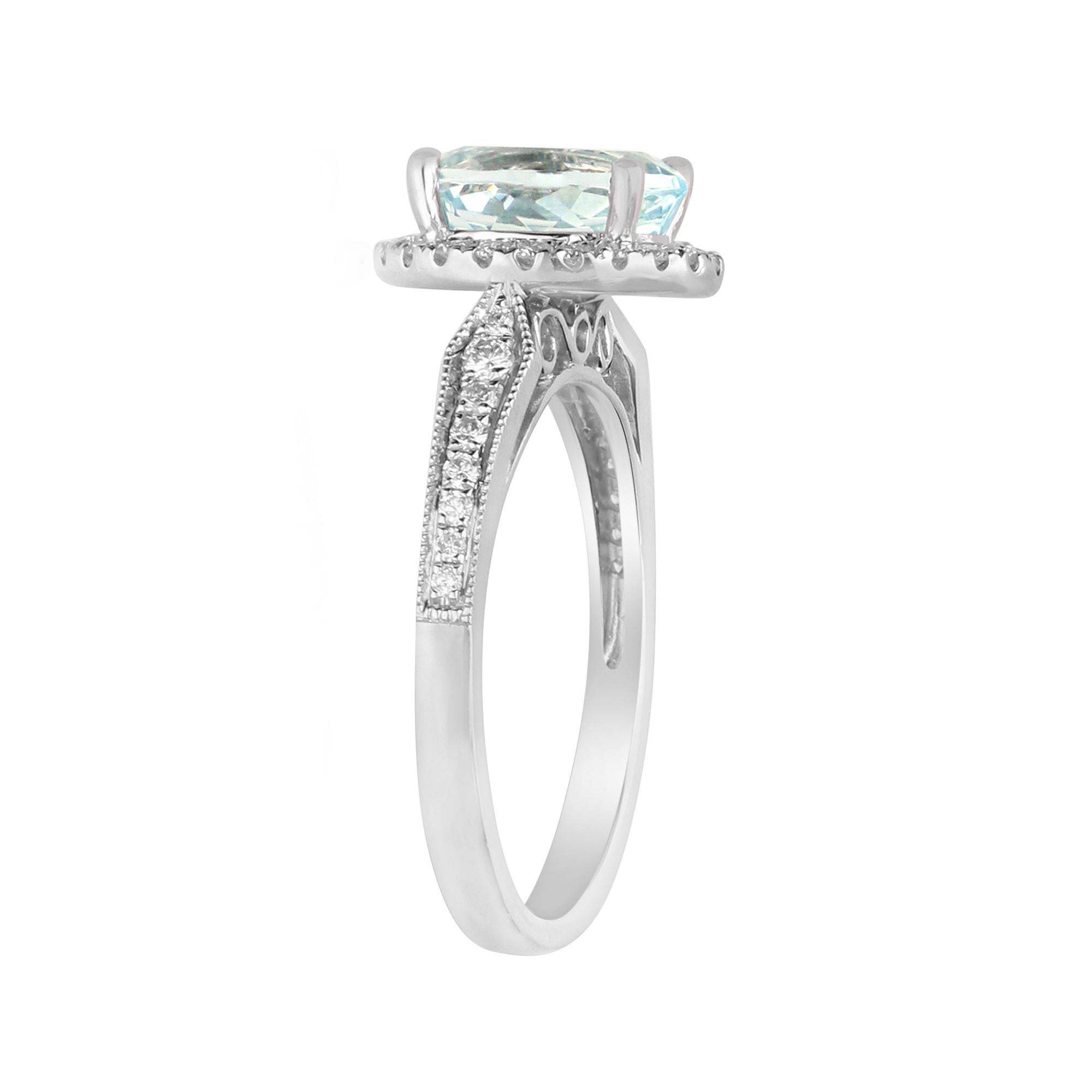 Art Deco 1.71 Carat Oval-Cut Aquamarine Diamond Accents 14K White Gold Ring For Sale