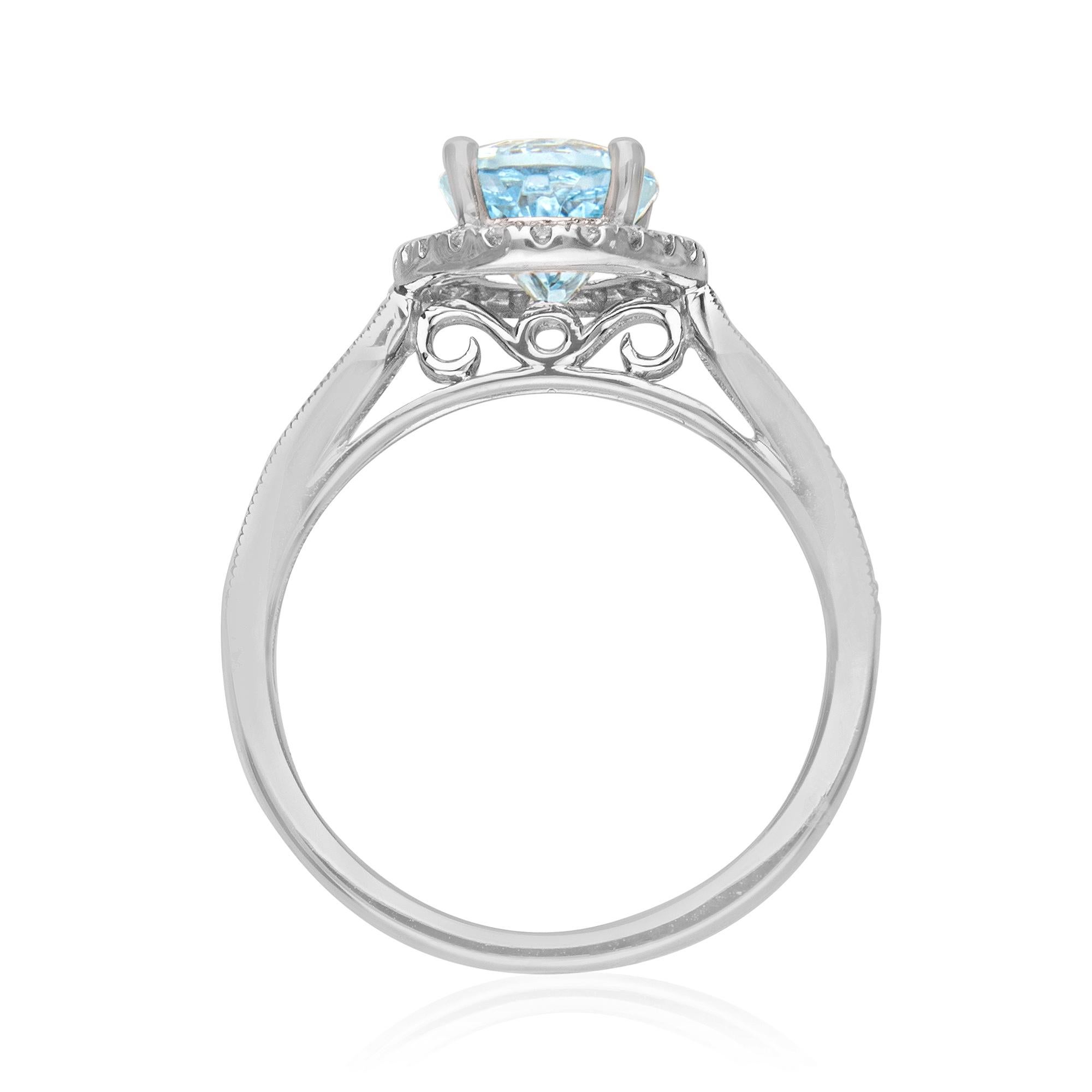 Oval Cut 1.71 Carat Oval-Cut Aquamarine Diamond Accents 14K White Gold Ring For Sale