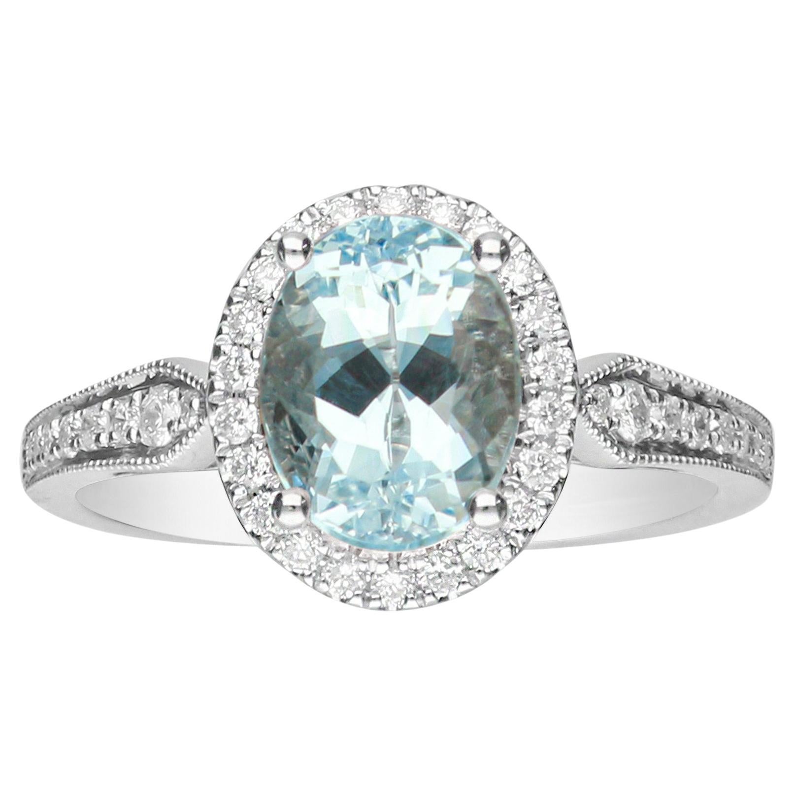 1.71 Carat Oval-Cut Aquamarine Diamond Accents 14K White Gold Ring For Sale