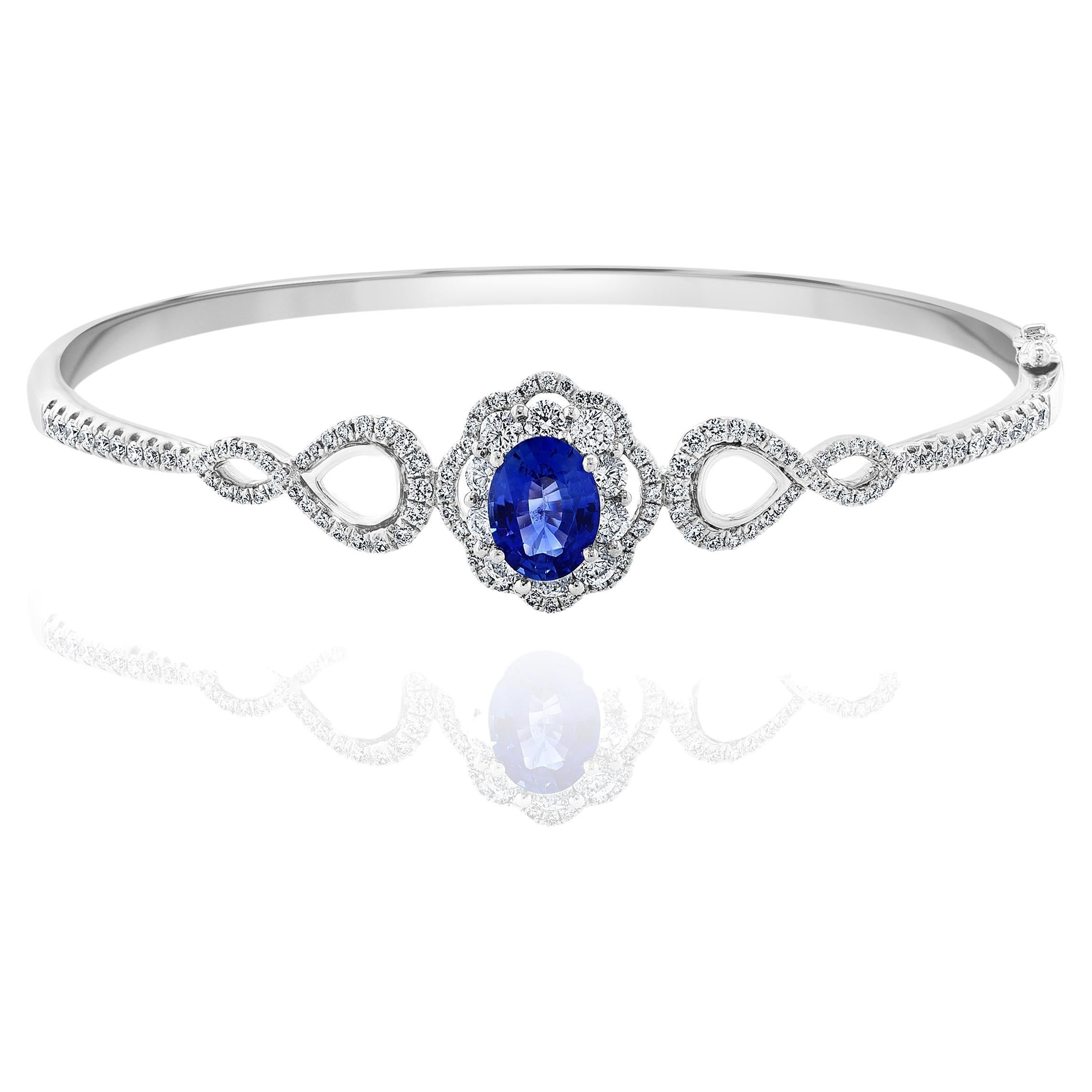 1.71 Carat Oval cut  Sapphire and Diamond Bangle Bracelet in 18K White Gold For Sale