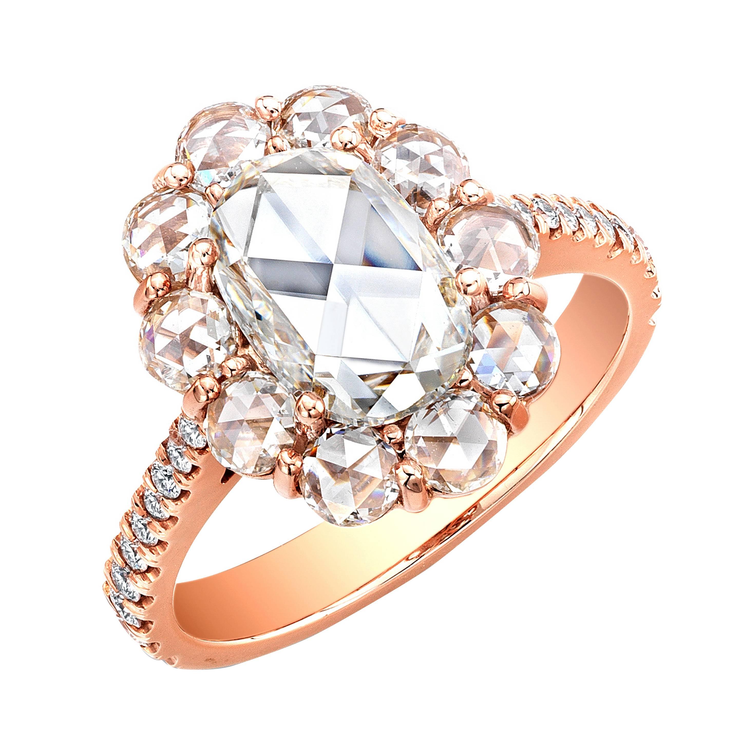 1.71 Carat Oval Rose Cut Diamond Cluster Halo Ring 18 Karat Rose Gold For Sale