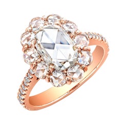 1.71 Carat Oval Rose Cut Diamond Cluster Halo Ring 18 Karat Rose Gold