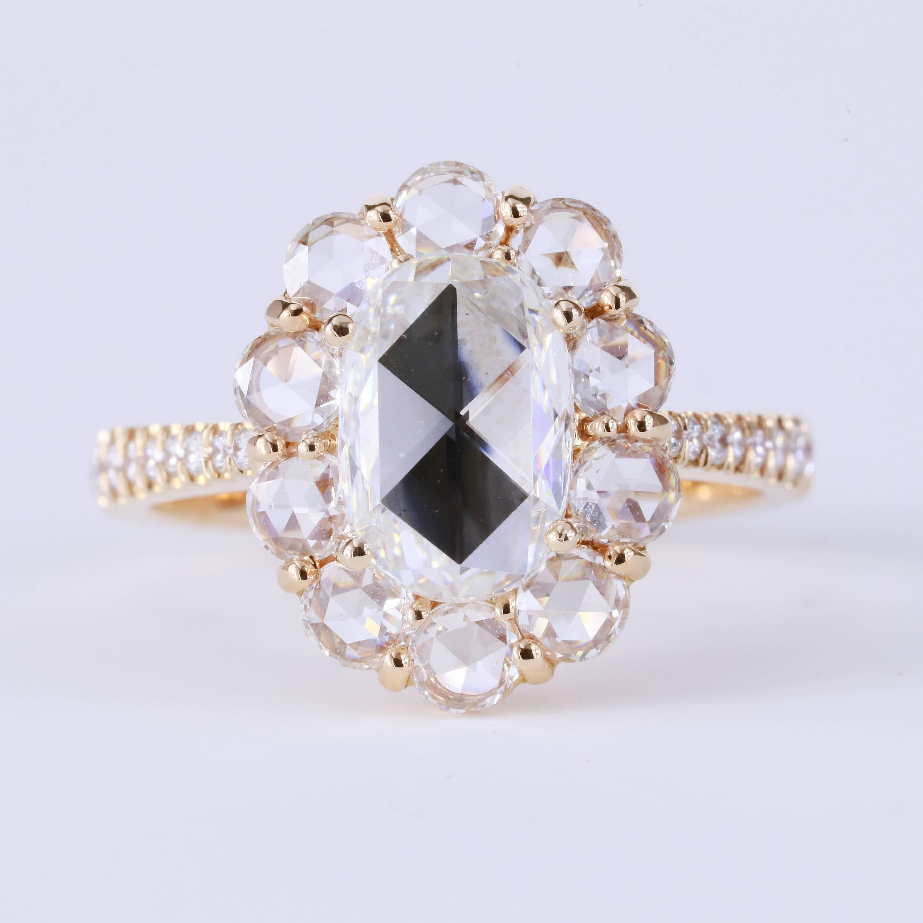 1.71 Carat Oval Rose Cut Diamond Cluster Halo Ring 18 Karat Rose Gold In New Condition For Sale In Chicago, IL