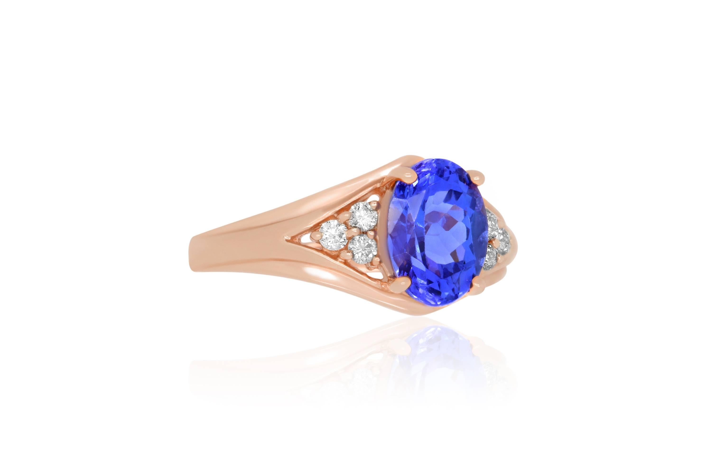 This beautiful Oval cut Tanzanite will shine as the vocal point of this piece. Set in 14k Rose Gold, the band sparkles with 0.13 carat brilliant round diamonds creating a seriously stunning look.

Material: 14k Rose Gold
Gemstones: 1 Oval shaped