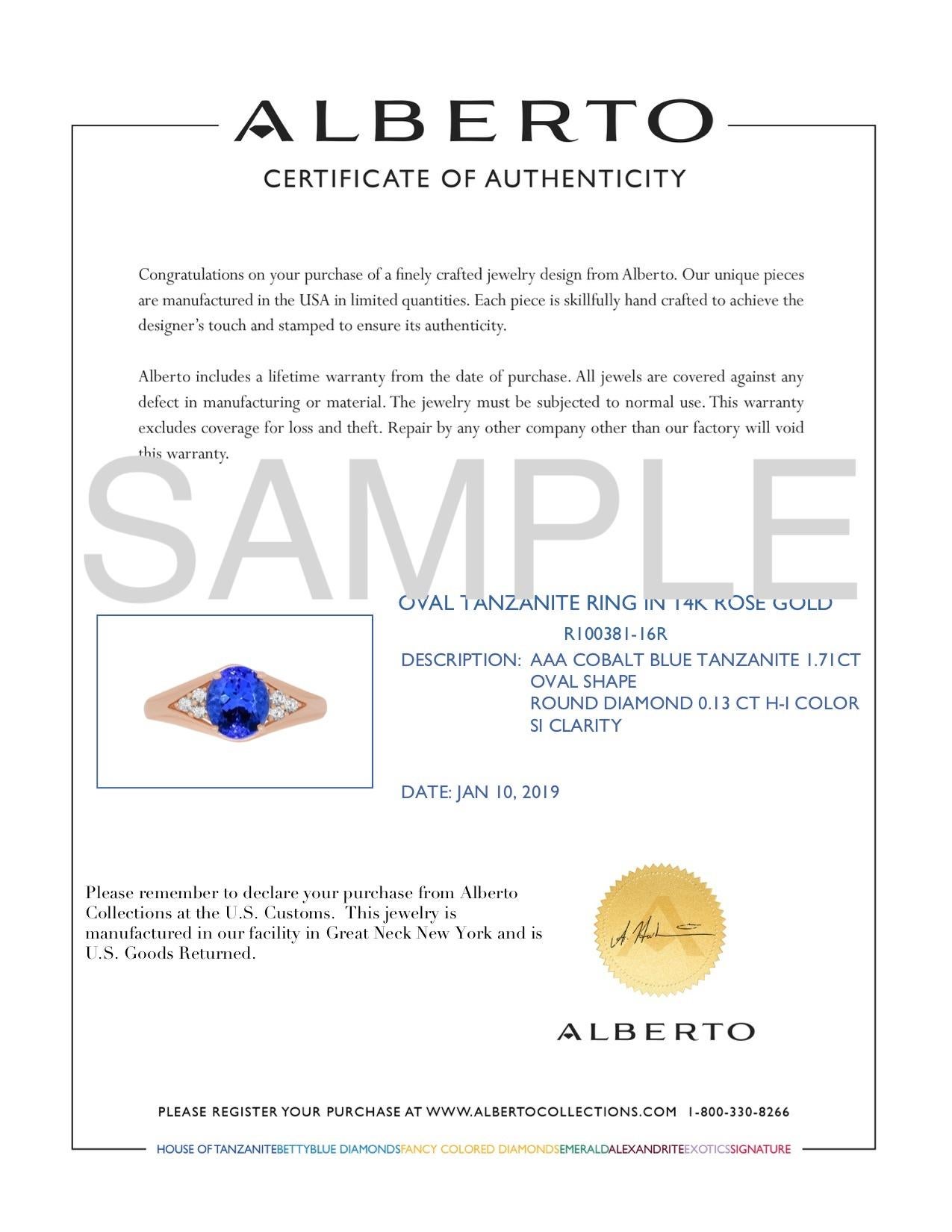 Oval Cut 1.71 Carat Oval Shaped Natural Tanzanite 0.13 Carat Diamond Ring 14K Rose Gold For Sale