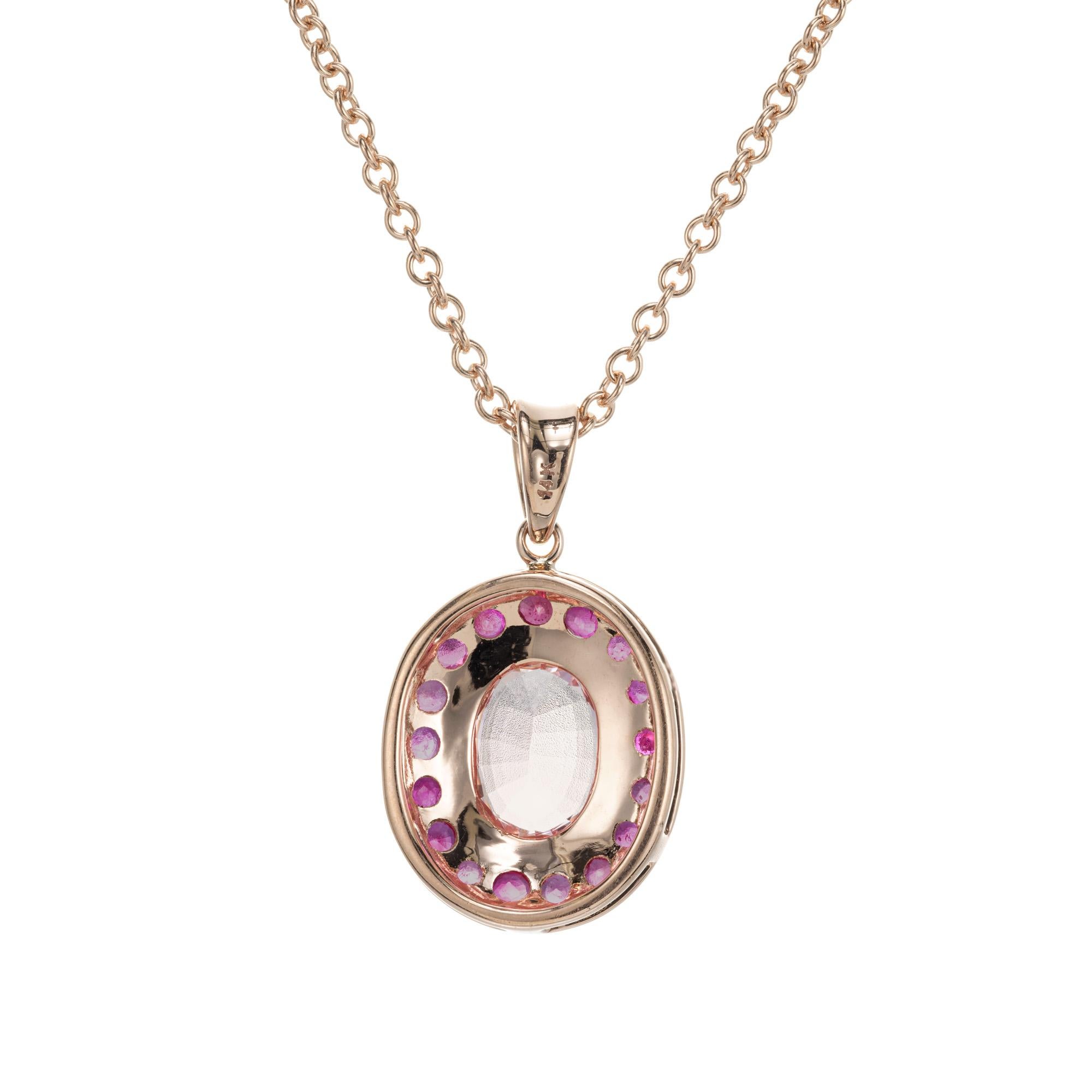 Oval Cut 1.71 Carat Pink Sapphire Ruby Halo Rose Gold Pendant Necklace For Sale