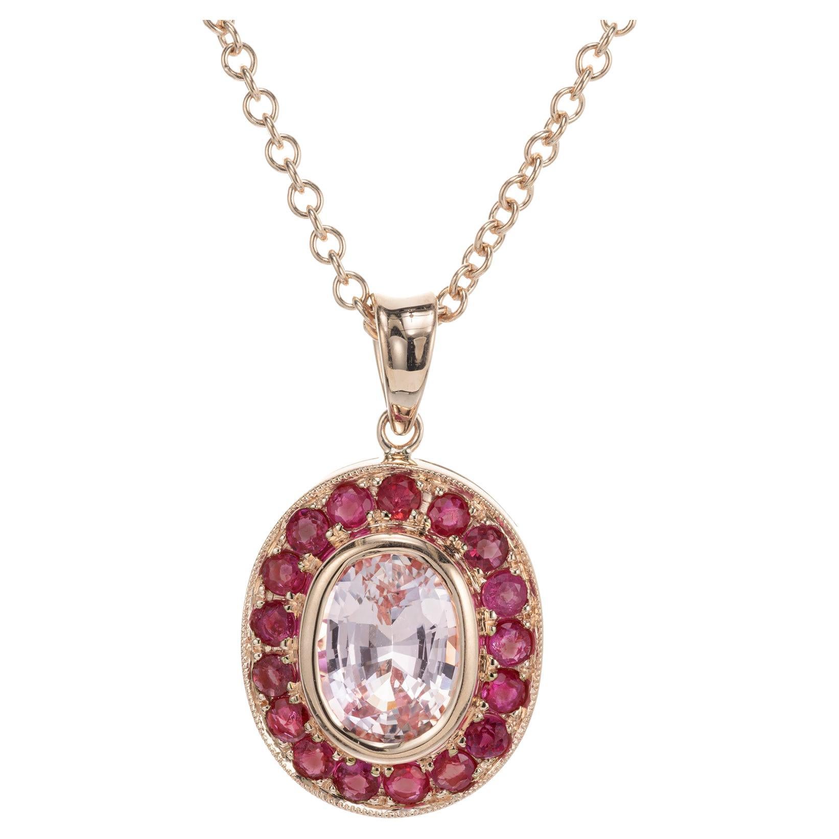 1.71 Carat Pink Sapphire Ruby Halo Rose Gold Pendant Necklace For Sale