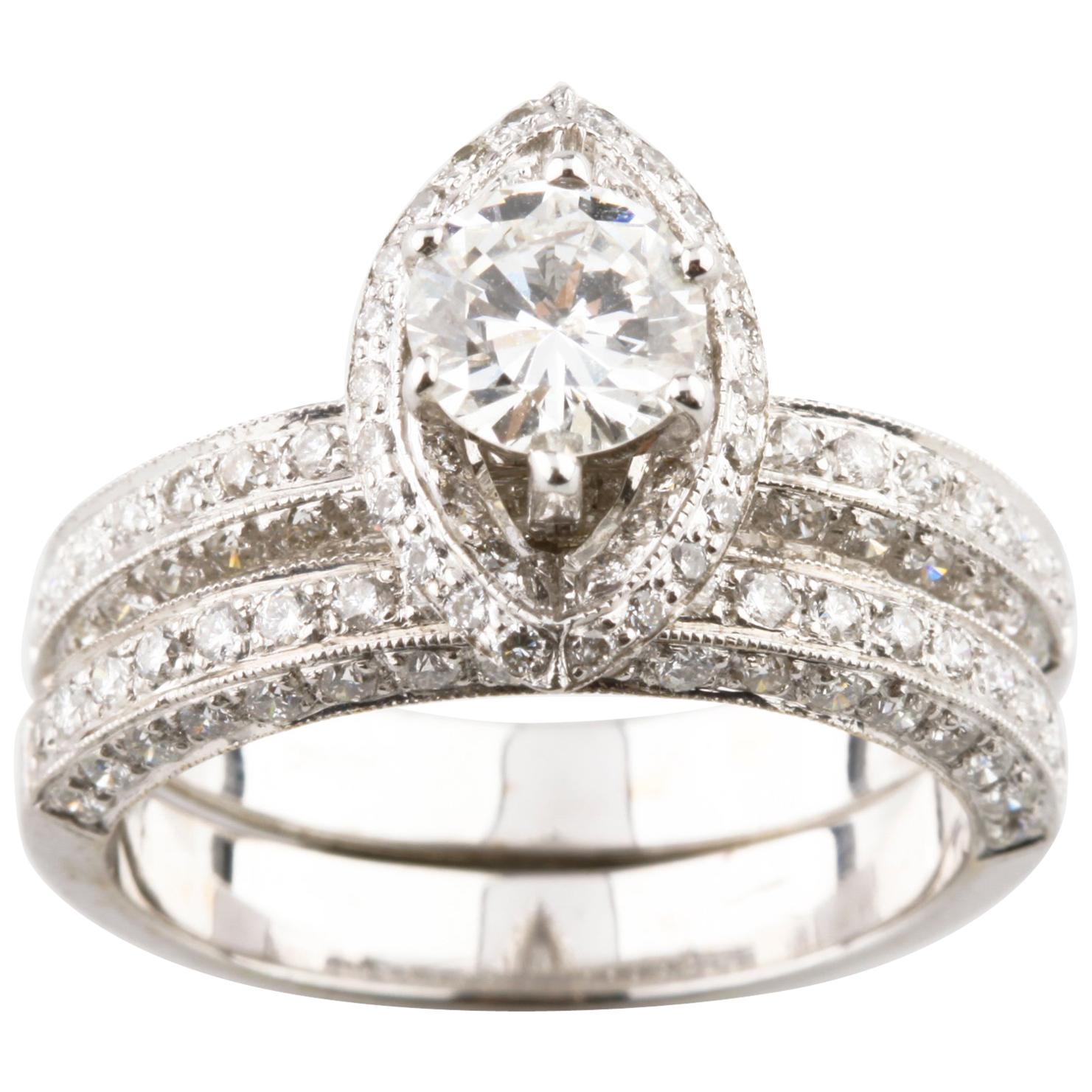 1.71 Carat Round Diamond with Marquise Halo 18 Karat White Gold Ring Set