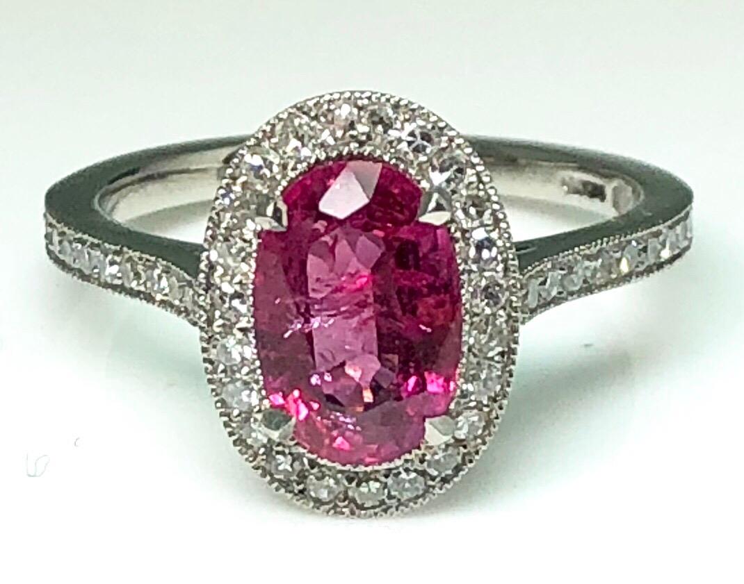 1.71 Carat Ruby and Diamond Cluster Platinum Ring In New Condition In London, GB
