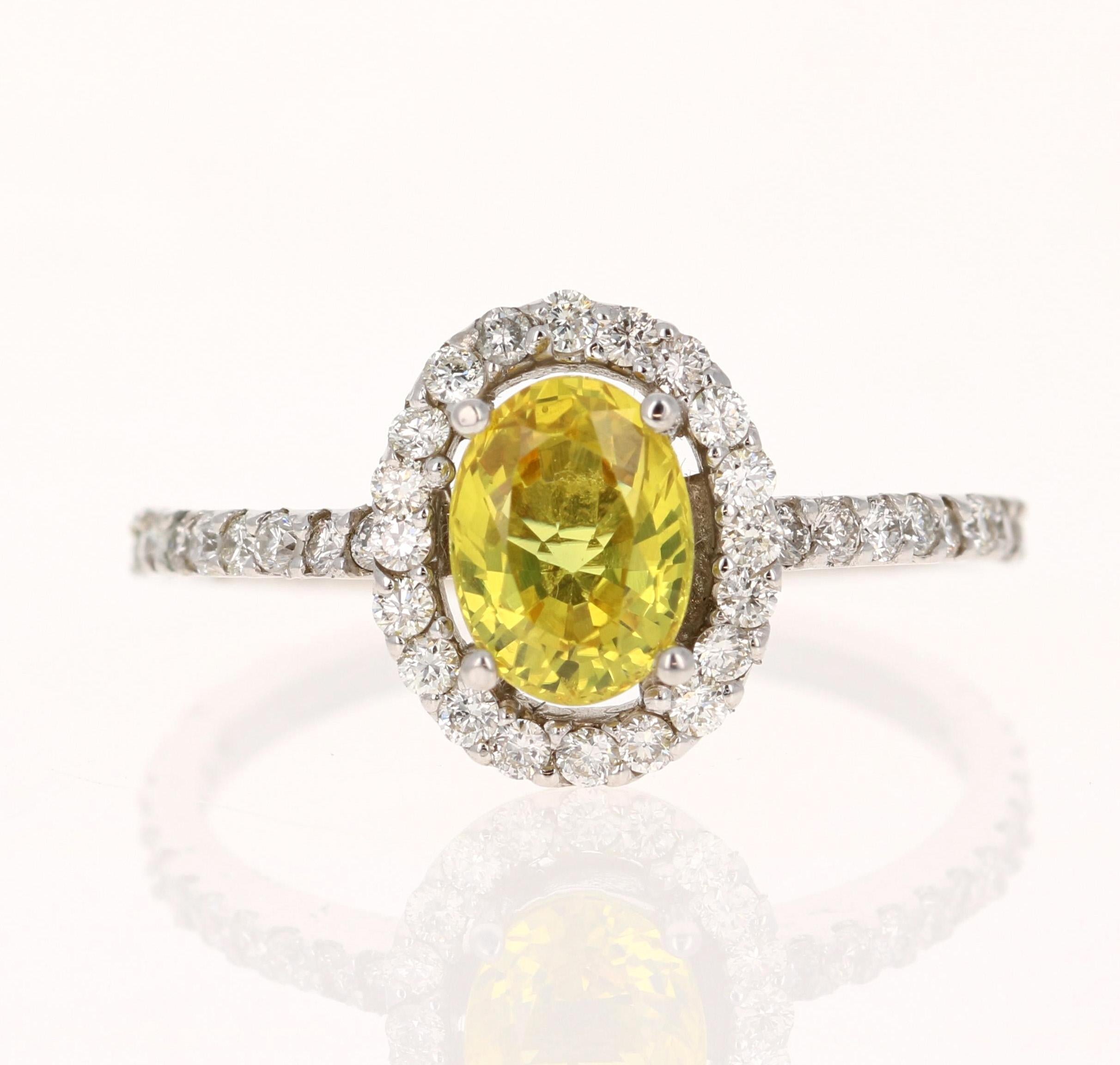 Women's 1.71 Carat Yellow Sapphire Diamond Halo Ring 14 Karat White Gold For Sale