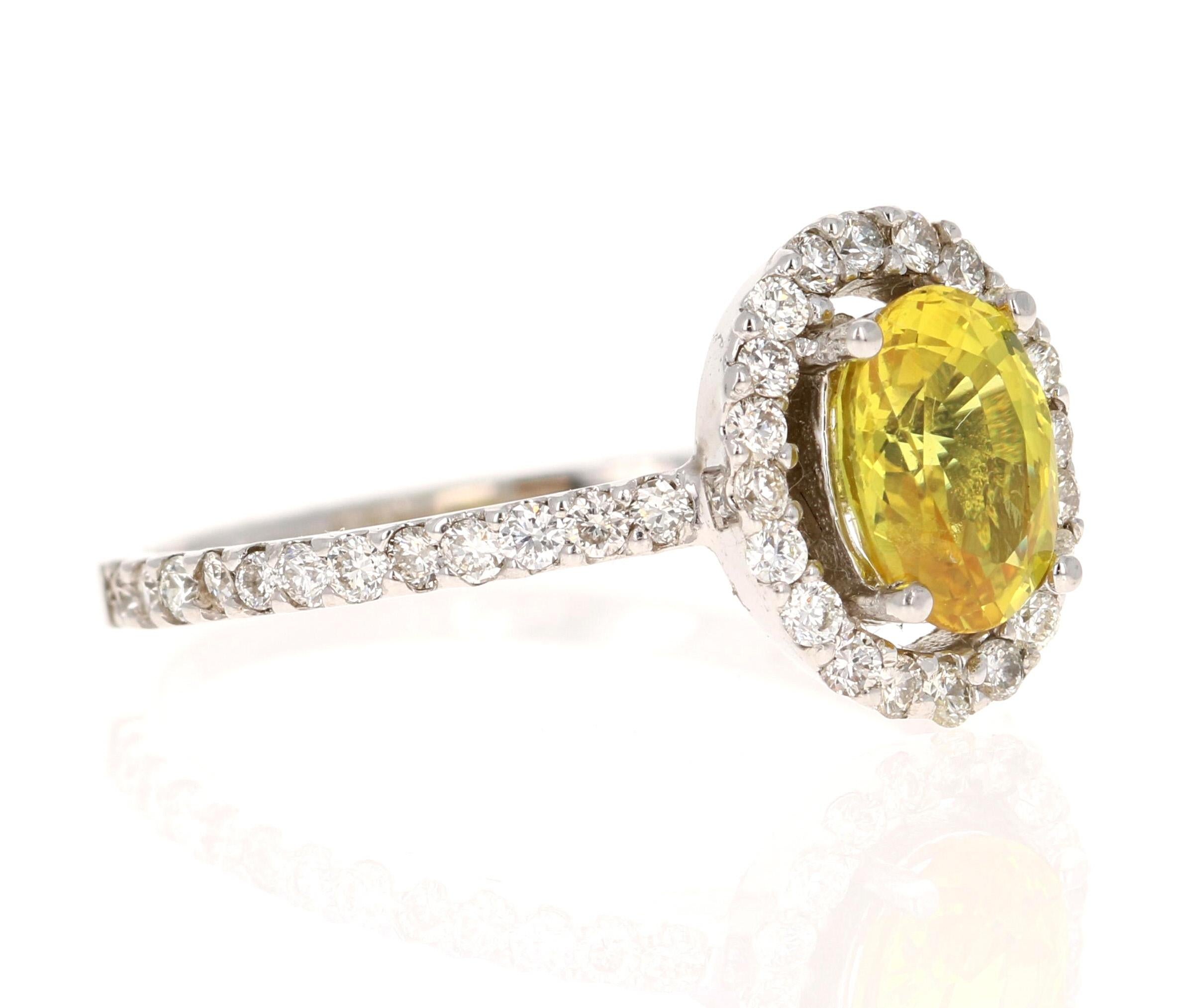 1.71 Carat Yellow Sapphire Diamond Halo Ring 14 Karat White Gold For Sale 1