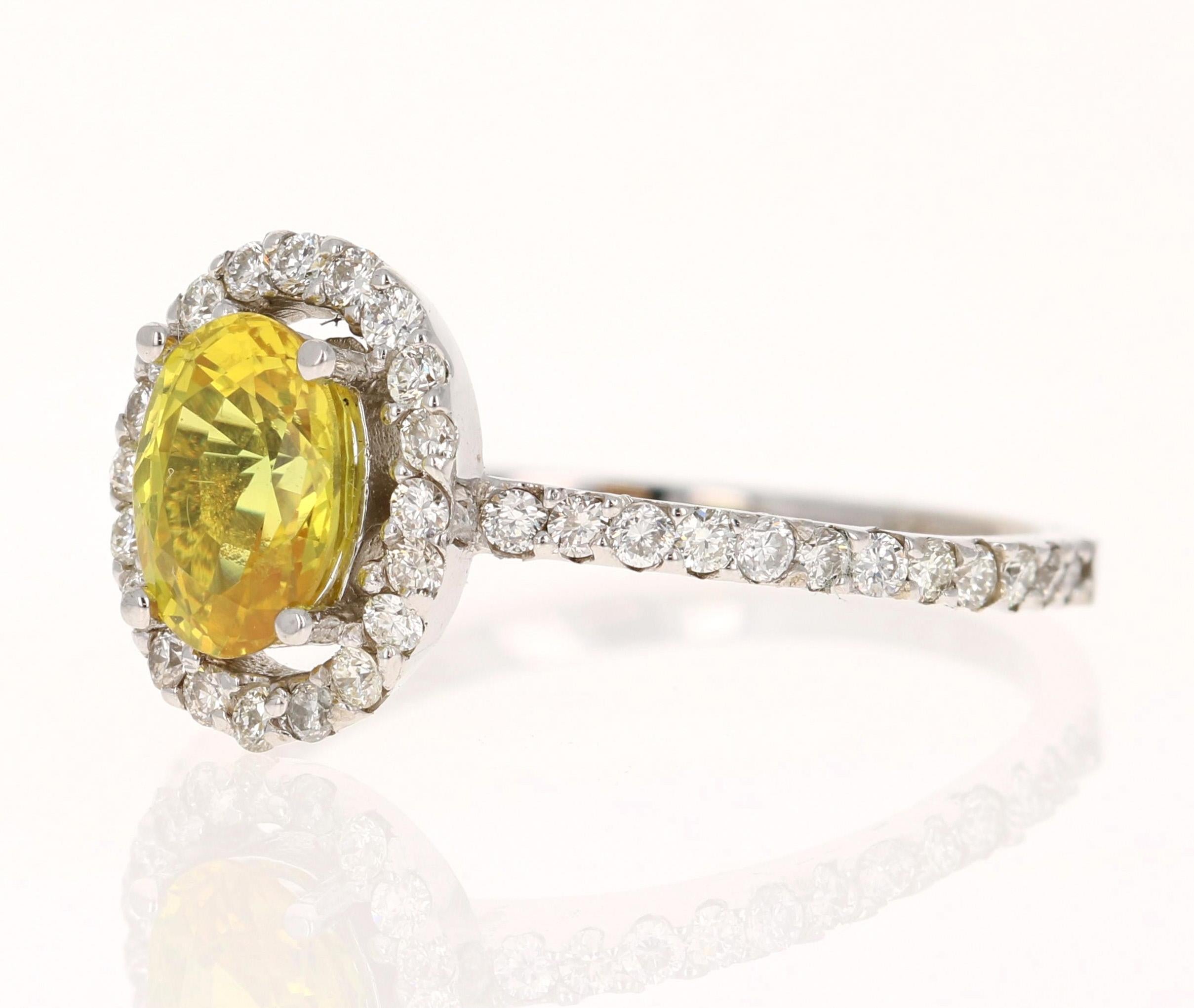 1.71 Carat Yellow Sapphire Diamond Halo Ring 14 Karat White Gold For Sale 2