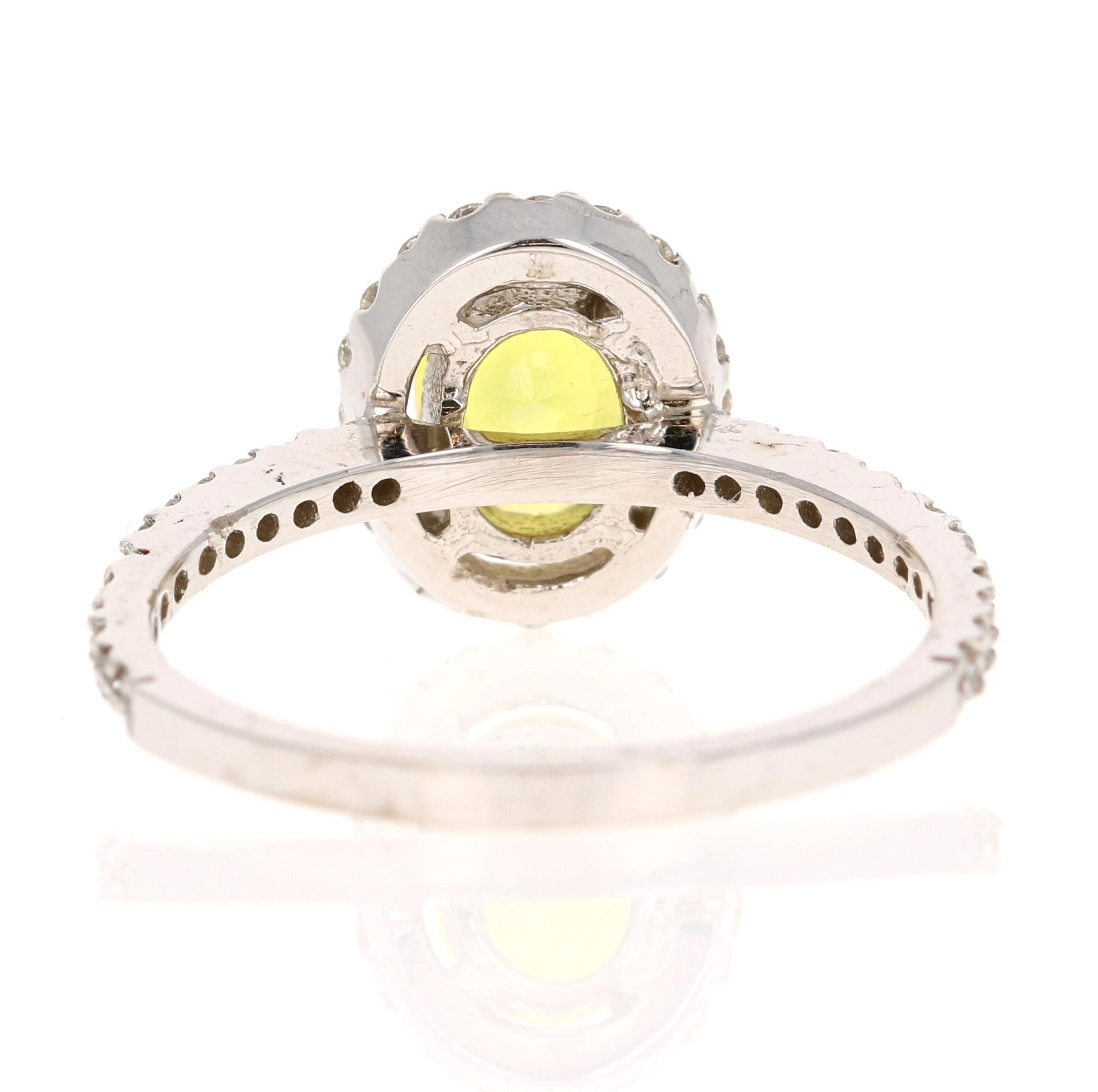 1.71 Carat Yellow Sapphire Diamond Halo Ring 14 Karat White Gold For Sale 3